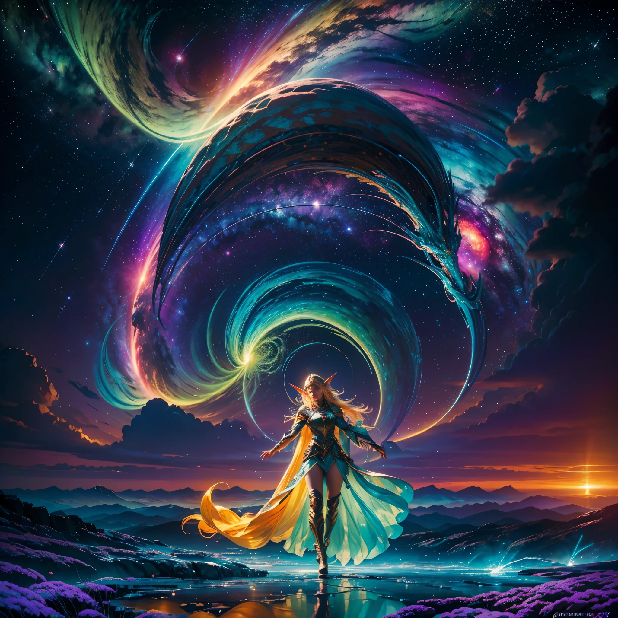 Hyper Vibrant Nebulae Octans by_Mappa Spacious Starry_sky Borealis (🎈 Sunset epic sunshine parabolic sunrise Rain_Color Colorful_liquid_on_naked_body:1.3 Colorful_body Colorful_ink_on_hair:1.2 Rainbow Abundant_colorful_liquids White_liquid fullbodye wet_Color_liquid) In the vast expanse of the cosmos, a breathtaking image unfolds before your eyes. In the heart of a starry galaxy, vibrant nebula dance and swirl, their ethereal colors blending and intertwining. The scene is a symphony of cosmic beauty, with tendrils of interstellar dust and gas reaching out into the void. The stars shine with an otherworldly brilliance, illuminating the cosmic tapestry that stretches across the vastness of space. It is a visual feast for the senses, an awe-inspiring glimpse into the wonders of the universe. BREAK,Detailed,Realistic, highly detailed digital art,octane render, bioluminescent, BREAK,by Mappa studios,masterpiece,best quality,official art,illustration,ligne claire,(cool_color),perfect composition,absurdres, fantasy,focused, "Scepter of Domination" rule of thirds (((Deedlit gorgeous Blond long hair native Elf Forest Lodoss War magic summon Ondine invocate Effrit))) masterpiece meticulously intricate 🎠deep path equirectangular🎡 ultra_high-details extreme improved ultra_high-quality ultra_high-res ultra_photo-realistic optimal ultra_sharpness perfection accurate volumetric SunLight Lightning_contrast global_illumination cgi vfx sfx reflex Octane_rendered ultra_high-def UHD XT3 DSLR HDR romm rgb pbr 3dcg fxaa blu-ray vivid colors-coded anti-aliasing fkaa txaa rtx ssao opengl-shaders glsl-shaders post-processing post-production cell-shading tone-mapping ❤luminescence 😘glow 👩Heart hearth Crystalline butterfly earth invoke monarch magic fleuraison monster monstrous creature sundrop slide onyx summon transparent ruby Earth hearth bloom flash Tourmaline opal strange glow hole reflection varies multi etc. --s 1000 --c 20 --q 20 --chaos 100