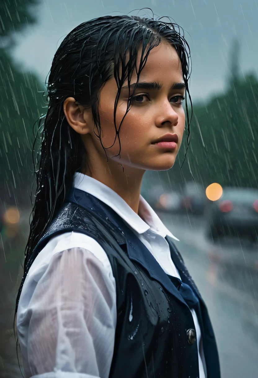 In the pouring rain, a girl stands out in the open, her long black hair drenched and matted to her head. Dressed in a schoolgirl uniform, she looks timid and reserved, her expression guarded.
The raindrops cascade down her delicate features, leaving behind a sheen of moisture on her skin. She blushes slightly, her cheeks taking on a rosy hue that contrasts with the gray sky behind her.
The uniform she wears is a deep shade of blue, the color of the sky before a storm. It clings to her body, accentuating her slender curves, and the fabric is transparent in the rain, making her appear ethereal and otherworldly.
The lighting is soft and diffused, filtered through the clouds and the downpour. It bathes her in a cinematic glow that emphasizes her fragile beauty. The raindrops refract the light, creating a prismatic effect that casts a rainbow around her.
The cinematographic composition frames her as the center of attention, with the camera lingering on her delicate features and the rain-slicked uniform. The viewer can almost feel the coolness of the raindrops on their skin and the softness of the girl’s cheek as they observe her.
In this moment, she seems both vulnerable and resilient, a study in contrasts. The rain washes over her, yet she stands unyielding, her shyness and blush adding to her allure. It’s a masterful portrayal of a girl lost in the rain, a scene that will be remembered long after it’s seen.