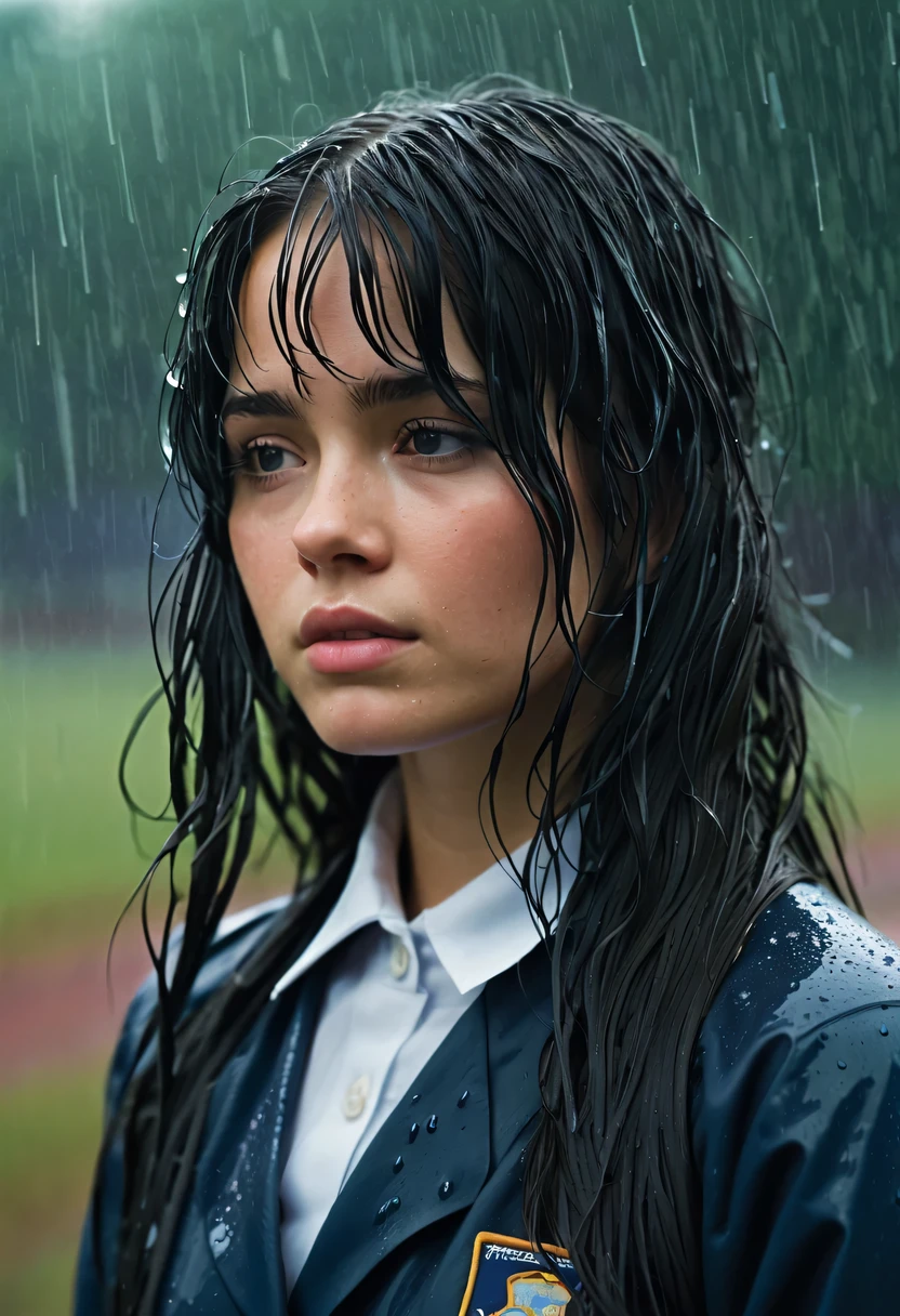 In the pouring rain, a girl stands out in the open, her long black hair drenched and matted to her head. Dressed in a schoolgirl uniform, she looks timid and reserved, her expression guarded.
The raindrops cascade down her delicate features, leaving behind a sheen of moisture on her skin. She blushes slightly, her cheeks taking on a rosy hue that contrasts with the gray sky behind her.
The uniform she wears is a deep shade of blue, the color of the sky before a storm. It clings to her body, accentuating her slender curves, and the fabric is transparent in the rain, making her appear ethereal and otherworldly.
The lighting is soft and diffused, filtered through the clouds and the downpour. It bathes her in a cinematic glow that emphasizes her fragile beauty. The raindrops refract the light, creating a prismatic effect that casts a rainbow around her.
The cinematographic composition frames her as the center of attention, with the camera lingering on her delicate features and the rain-slicked uniform. The viewer can almost feel the coolness of the raindrops on their skin and the softness of the girl’s cheek as they observe her.
In this moment, she seems both vulnerable and resilient, a study in contrasts. The rain washes over her, yet she stands unyielding, her shyness and blush adding to her allure. It’s a masterful portrayal of a girl lost in the rain, a scene that will be remembered long after it’s seen.