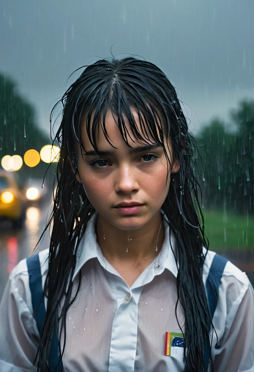 In the pouring rain, a girl stands out in the open, her long black hair drenched and matted to her head. Dressed in a schoolgirl uniform, she looks timid and reserved, her expression guarded.

The raindrops cascade down her delicate features, leaving behind a sheen of moisture on her skin. She blushes slightly, her cheeks taking on a rosy hue that contrasts with the gray sky behind her.

The uniform she wears is a deep shade of blue, the color of the sky before a storm. It clings to her body, accentuating her slender curves, and the fabric is transparent in the rain, making her appear ethereal and otherworldly.

The lighting is soft and diffused, filtered through the clouds and the downpour. It bathes her in a cinematic glow that emphasizes her fragile beauty. The raindrops refract the light, creating a prismatic effect that casts a rainbow around her.

The cinematographic composition frames her as the center of attention, with the camera lingering on her delicate features and the rain-slicked uniform. The viewer can almost feel the coolness of the raindrops on their skin and the softness of the girl’s cheek as they observe her.

In this moment, she seems both vulnerable and resilient, a study in contrasts. The rain washes over her, yet she stands unyielding, her shyness and blush adding to her allure. It’s a masterful portrayal of a girl lost in the rain, a scene that will be remembered long after it’s seen.