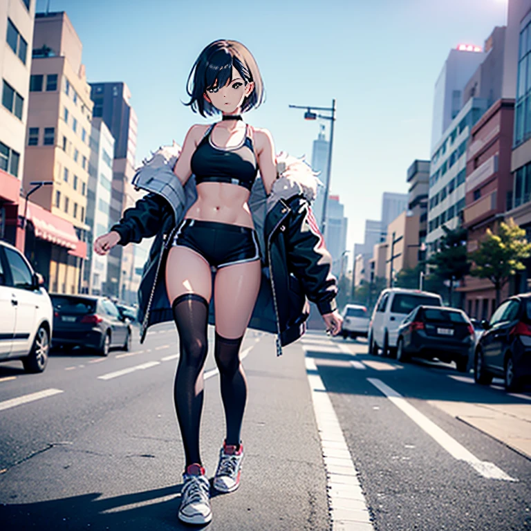 Sexy woman, sports bra, knee high socks, sneakers, short hair, walking, city street, public, full body view