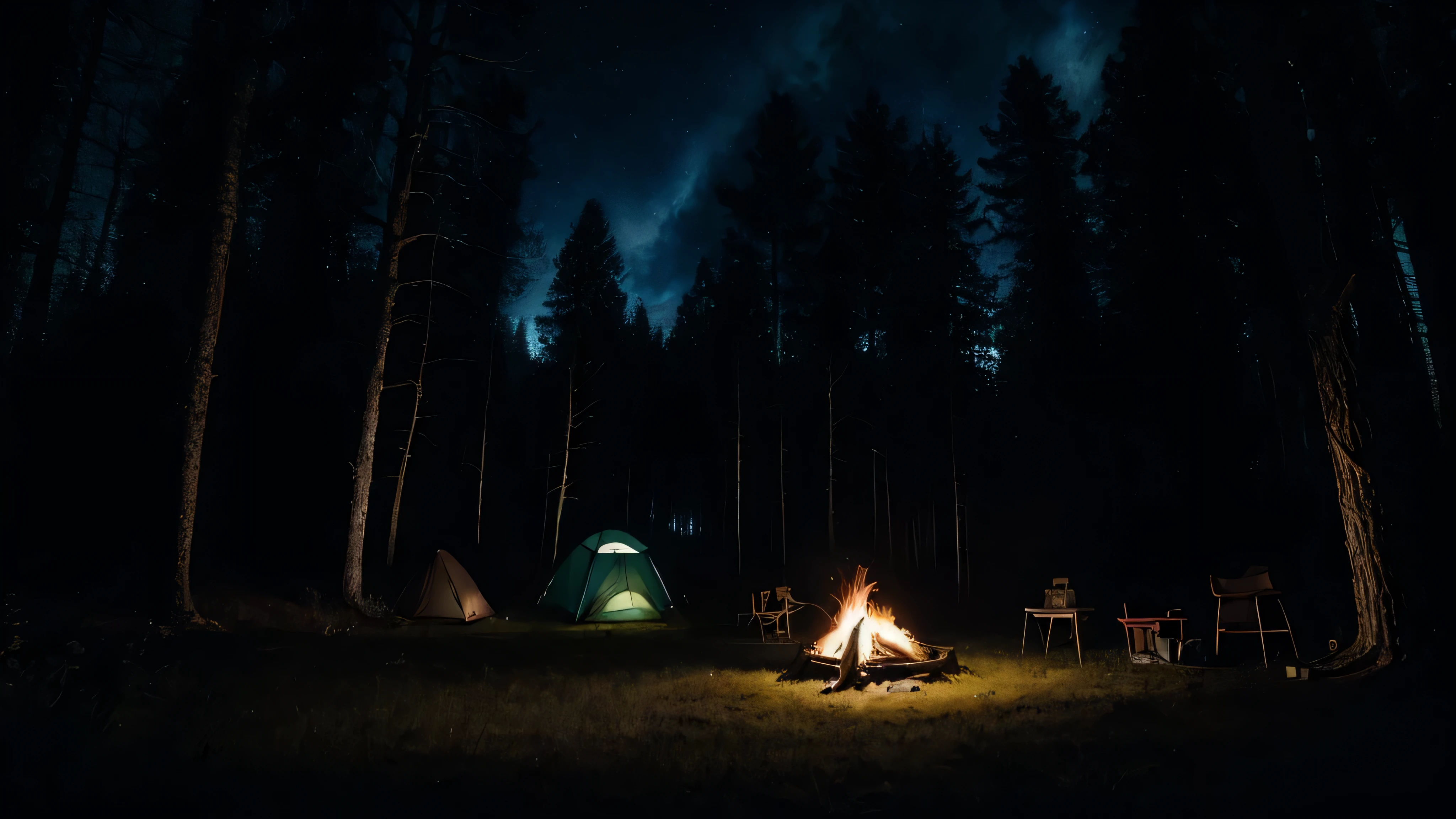 Enchanted deep dark forest camping scene under a starlit sky, the campfire flickering softly, revealing hidden creatures in the shadows, focusing on the magical ambiance, Artwork, watercolor painting