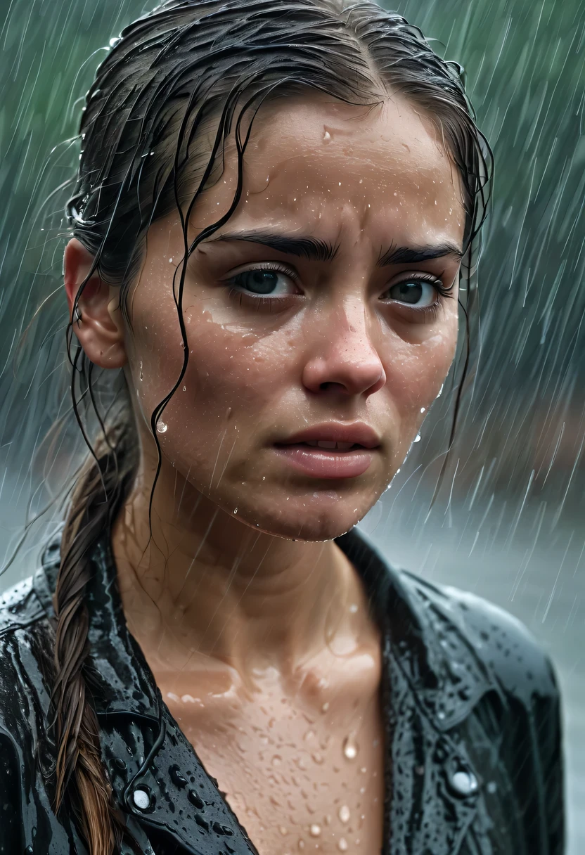 The young girl stands silently in the rain, with droplets splashing on her face and running down her crystal-clear eyes. Her delicate features are washed out by the overcast sky, giving her a pallor that seems to shroud a hint of sadness.

Her gaze holds a deep melancholy, as if carrying an unspeakable pain. Her brows furrow, forming an unbreakable knot that reveals the inner struggle and helplessness within her. Tears slide silently down her cheeks, speaking volumes about her heartache. The corners of her mouth sag weakly, framing a bitter and sorrowful smile.

Amidst the rain's pitter-patter, her entire facial expression solidifies into a heart-wrenching picture, evoking pity and sympathy in those who behold it. The downpour drenches her long hair, clinging to her slender shoulders, emphasizing her vulnerability and helplessness.

In this rainy day, the girl's sadness and helplessness become the sole melody. The rain not only wets her body, but also saturates her soul.