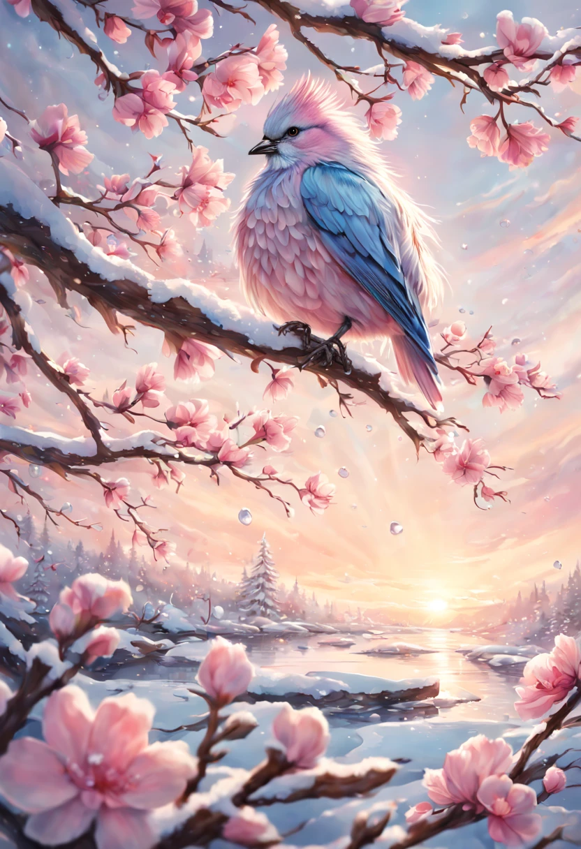 A beautiful hyper-fluffy hyperrealistic bird on a branch with pink flowers and snow. Small water drops, shining. Sunrise. Pastel colors. Intricately detailed, masterpiece, beautiful. Photorealistic, raw image