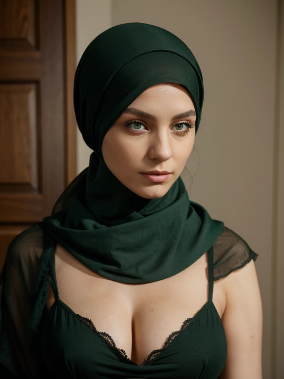 A woman with green eyes veiled by a traditional headscarf, she wears provocative clothes hidden beneath her modest exterior.
An open-neck blouse or dress with a V-shaped neckline
