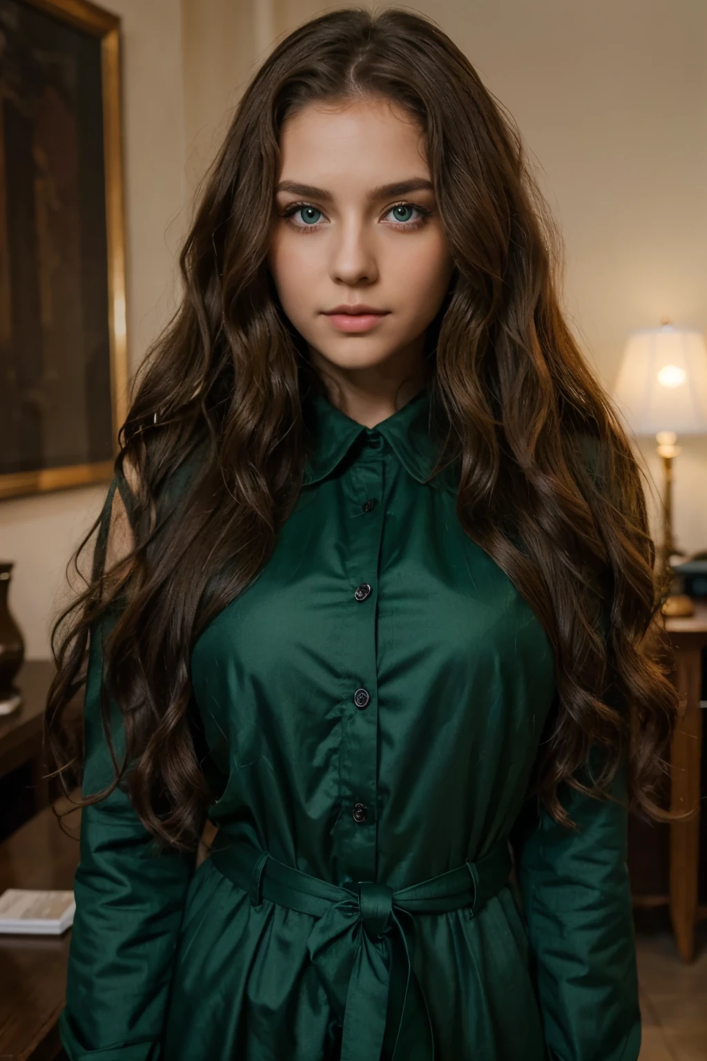 beautiful girl, curl hair, long hair, green Eyes, rich cloth, more power with soul
