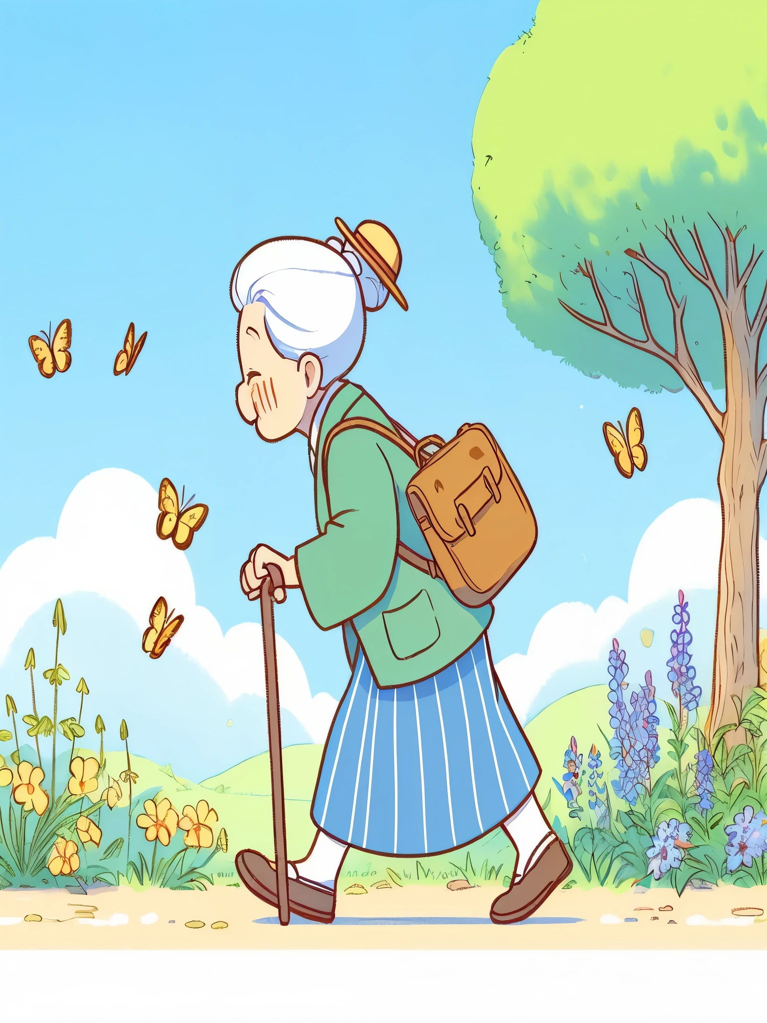 Draw a tintin style anime simple art of cute ??? mario jumping in his metaverse, happy, tree, shade, grass, beautiful color palette, beautiful sky,