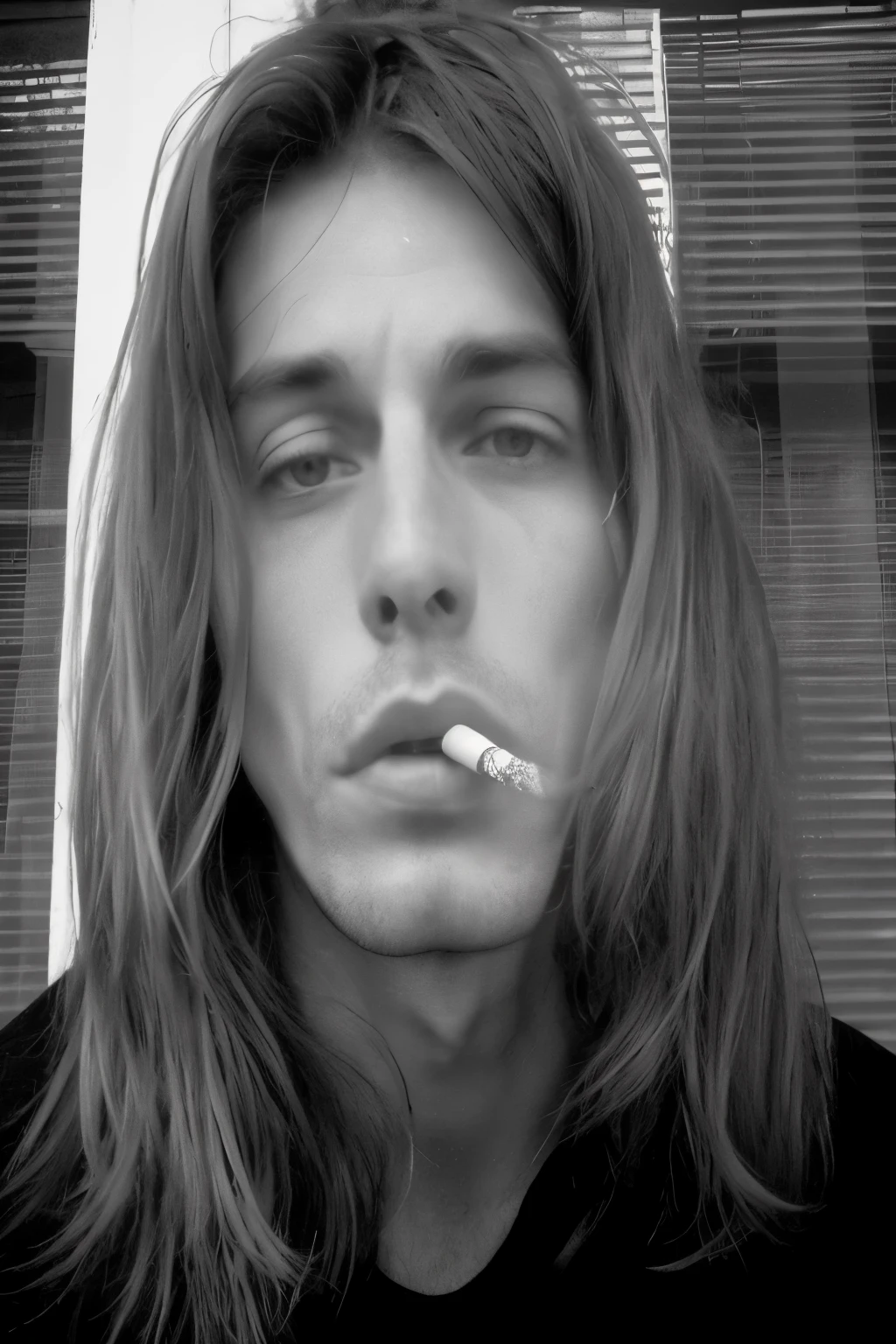 arafed man with a cigarette in his mouth and a cigarette in his mouth, inspired by Lasar Segall, by Lasar Segall, smoking, with cigar, inspired by Kurt Seligmann, thom yorke age 2 5, kurt cobain, young with long hair, with a cigarette in its mouth, cigarette in his mouth, while smoking a cigar, cigarette