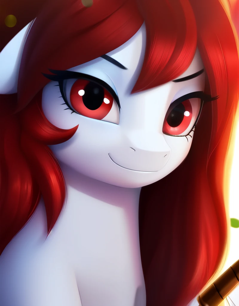 ((masterpiece)), ((Best quality)), (8K), (high detail), (Beautiful), 1 girl, one character, MLP, pony, my little pony, ((detailed red hair)), (((red eyes))), (((white body))), (((black shadow on eyelids)))