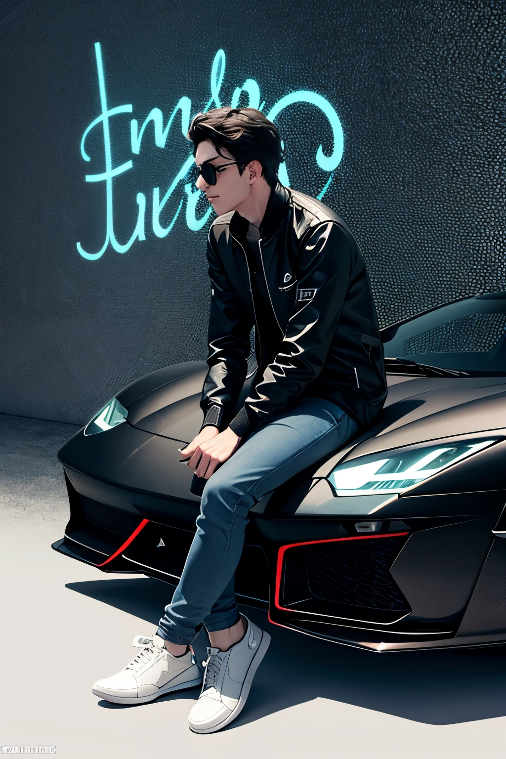  Create a 3D illusion for a profile picture where a 25-Year-old cute boy in a wearing a jacket Sitting casually on a Lamborghini car. Wearing sneakers, with black mask, and sunglasses, he looks ahead. The background features "ADNAN MALIK " in big and capital blue neon light fonts on the dark grey wall. and there are wings to make it appear as if he is an angel.