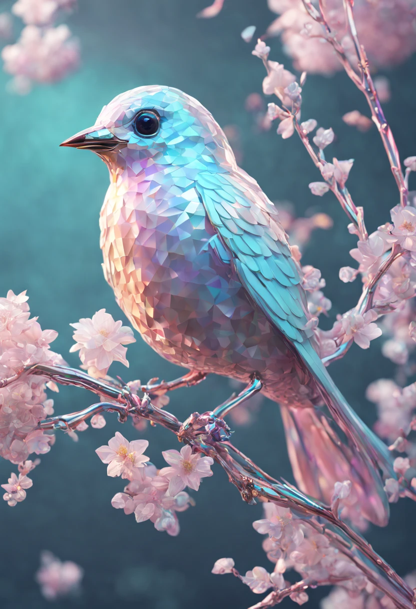 Delicate (pastel color crystal bird: 1.5) crystal glass, glitter, amongst flowers on branch, complex 3d render ultra detailed of a beautiful bird, beautiful studio soft light, rim light, vibrant details, cyberpunk, hyperrealistic, breathtaking fantasycore by Alberto Seveso, Erin Hanson, Jeremy Mann. maximalist highly detailed intricate professional photography, masterpiece, 8k resolution concept art, Artstation, cool colors, Unreal Engine 5, cgsociety, octane photo