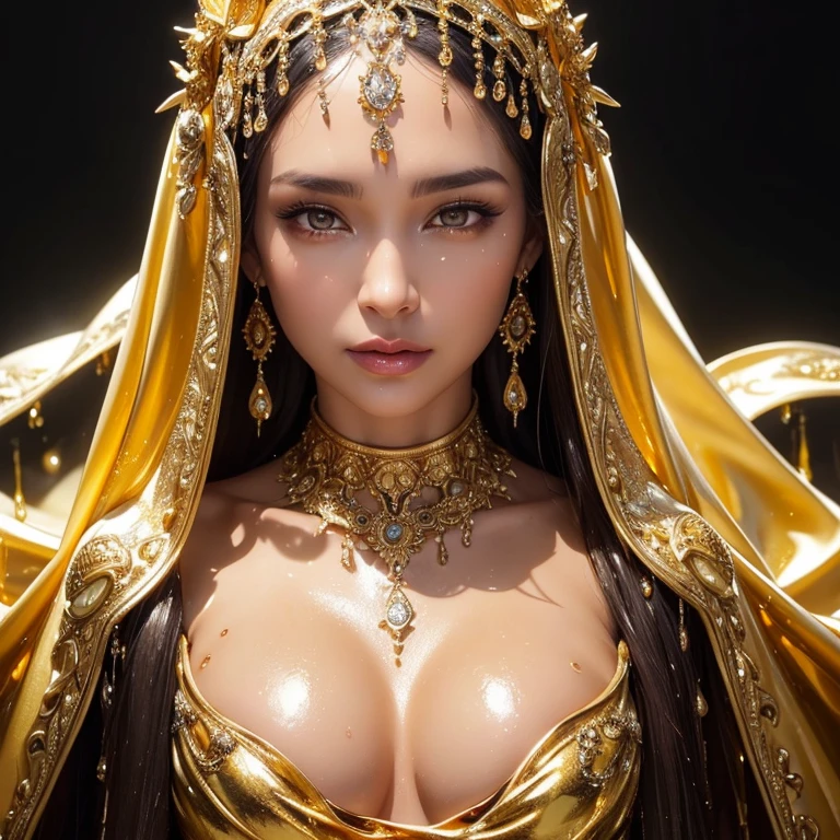 a close up of a woman's face covered in liquid, covered in oil, glossy and drippy, draped in shiny golden oil, dripping with oil in the head, draped in shiny oil, dripping oil, liquid headdress, dripping skin, made of glowing oil, liquid sculpture, metallic shiny skin. intricate, dripping oil paint, oiled skin, glowing oil