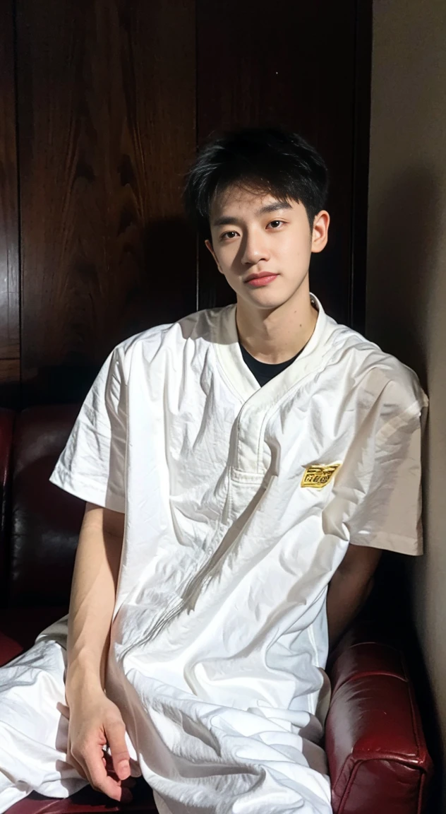 （Chinese handsome guy：1.5），The boy sits on the sofa，Uniforms，Realistic photos，穿着蓝色Uniforms，brush cut，textured skin，looking at camera，18 years old boy，studio，danshi koukousei，muscle action，perfect shadow figure，gigachad muscles，The trend is in CGSTATION，Hero male pose，