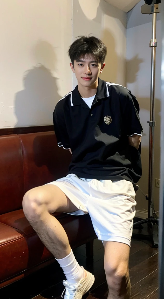 (Chinese handsome guy:1.5),The boy sits on the sofa,Uniforms,Realistic photos,穿着蓝色Uniforms,brush cut,textured skin,looking at camera,18 years old boy,studio,danshi koukousei,muscle action,perfect shadow figure,gigachad muscles,The trend is in CGSTATION,Hero male pose,