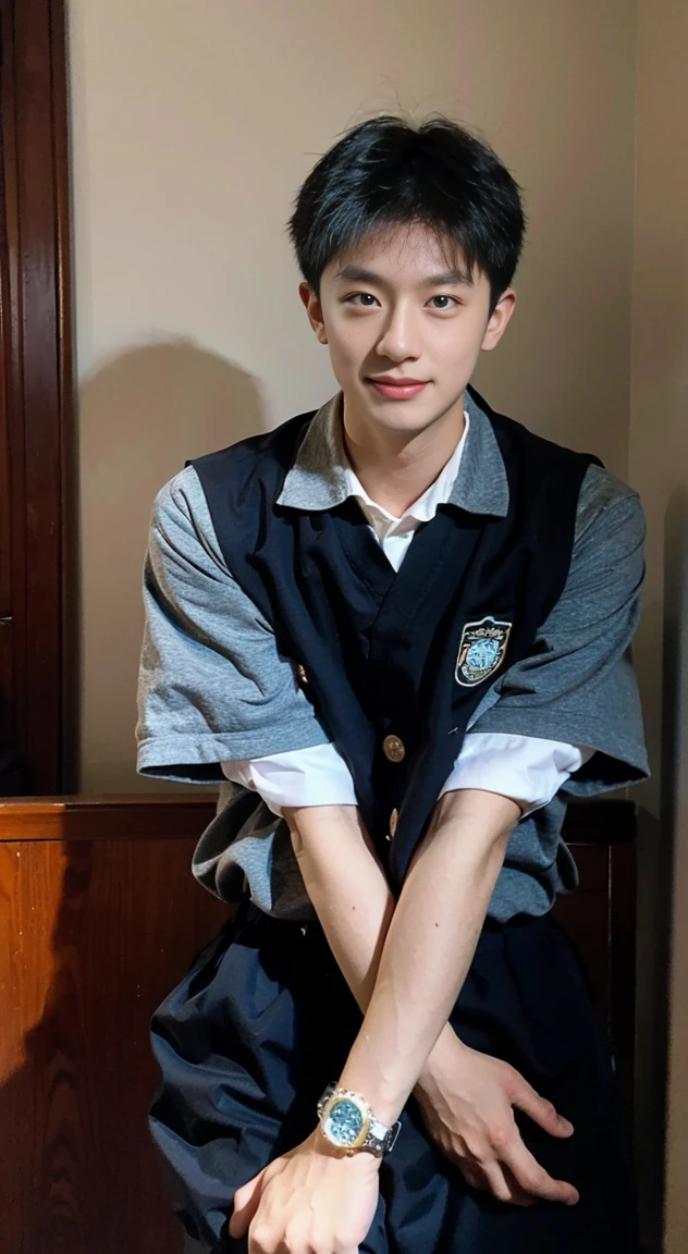 （Chinese handsome guy：1.5），The boy sits on the sofa，Uniforms，Realistic photos，穿着蓝色Uniforms，brush cut，textured skin，looking at camera，18 years old boy，studio，danshi koukousei，muscle action，perfect shadow figure，gigachad muscles，The trend is in CGSTATION，Hero male pose，