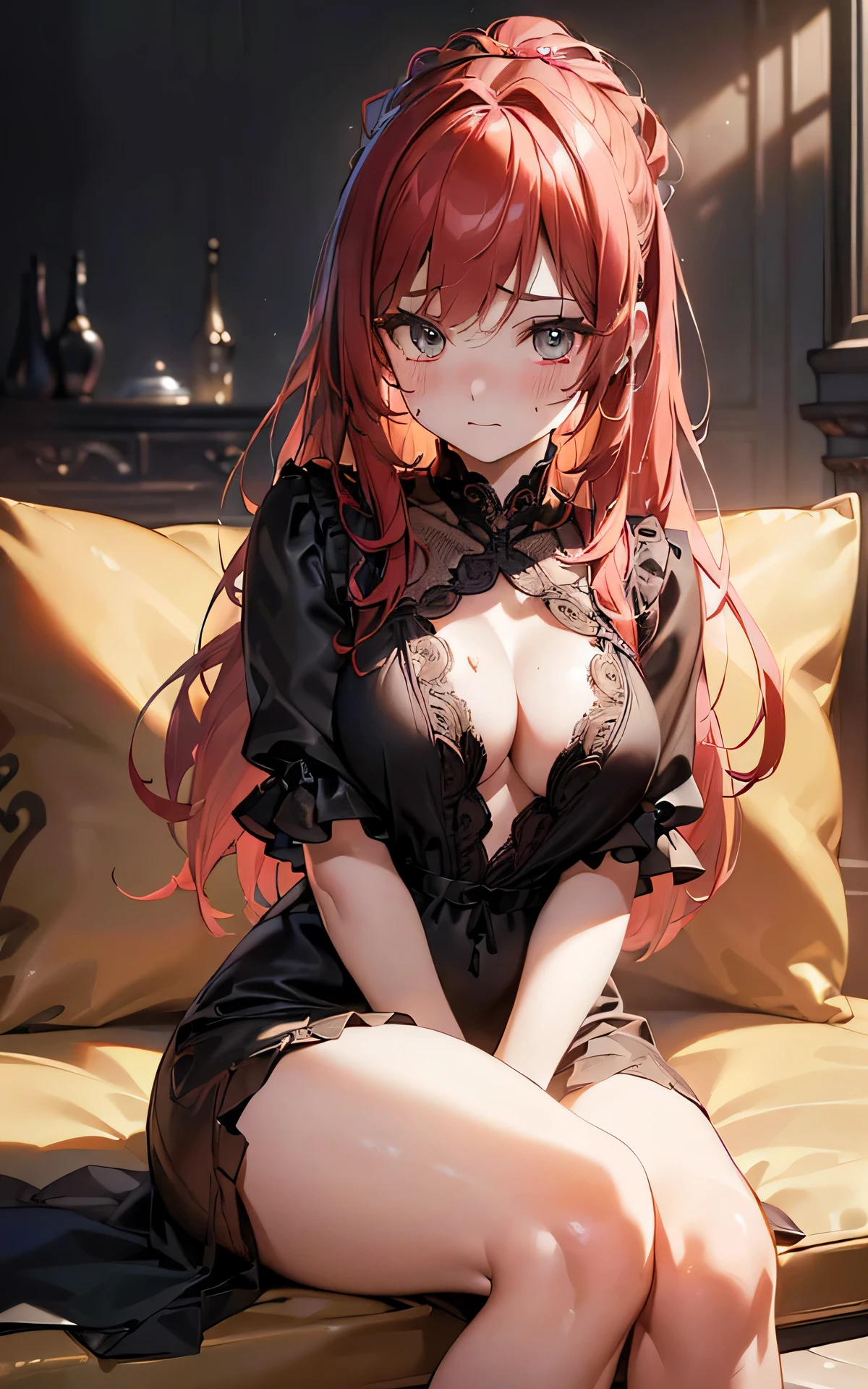 (Unity 16K Wallpaper, Masterpiece, Best Quality, Ultra Detailed, Extremely Detailed CG, Ultra High Resolution, Caustics, Detailed, Beautiful Detailed Eyes, solo, curby, negligee:1.3, portrait, embarrassed, sit astride cushion:1.3), fine skin, vivid red hair
