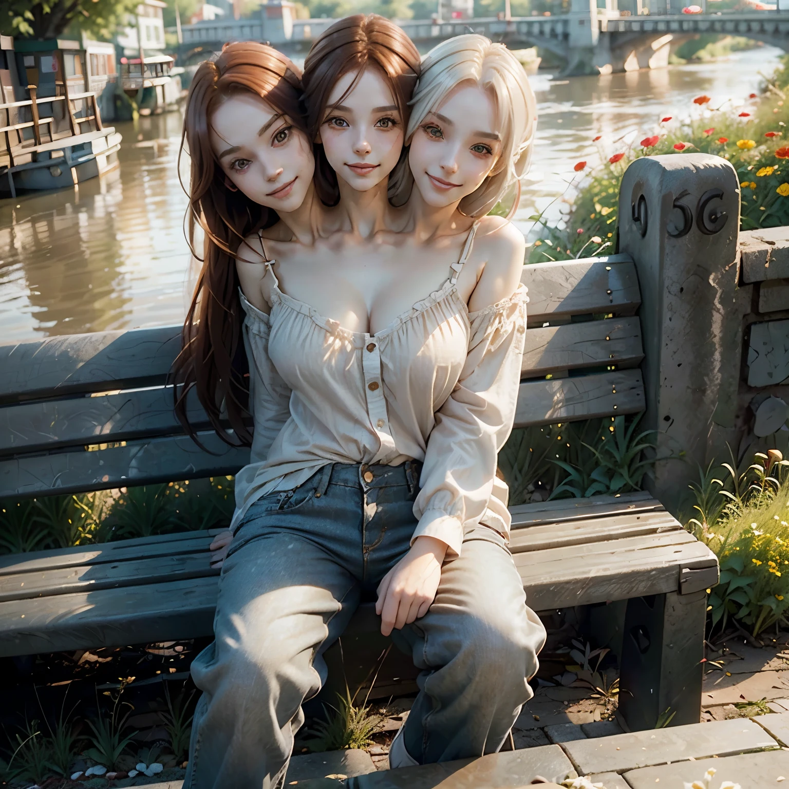 digital art, (girl, red_hair, white hair, brown hair, black hair, flowers, baggy jeans, white shirt, discreet smile, cute look), (sitting on a bench, river in the background, golden hour), (two heads), realistic, hdr, photograph