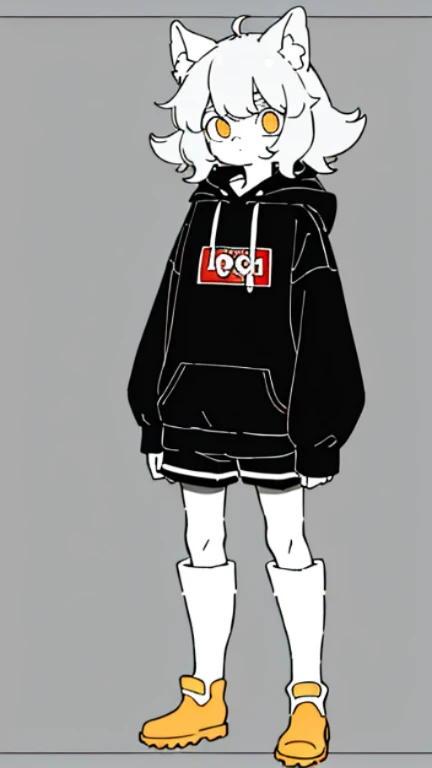(masterpiece, Best quality) ,whole body, boy, shorts, long sleeve hooded sweater, with floppy ears like a dog's, bored expression, fluffy thick hair, burning bright eyes , (One), standing, (masterpiece), ((Best quality)), (ultra detailed), detailed information, flat colors, Colorful, (1other:1.1), Tachi-e, no designs on clothes, rubber boots