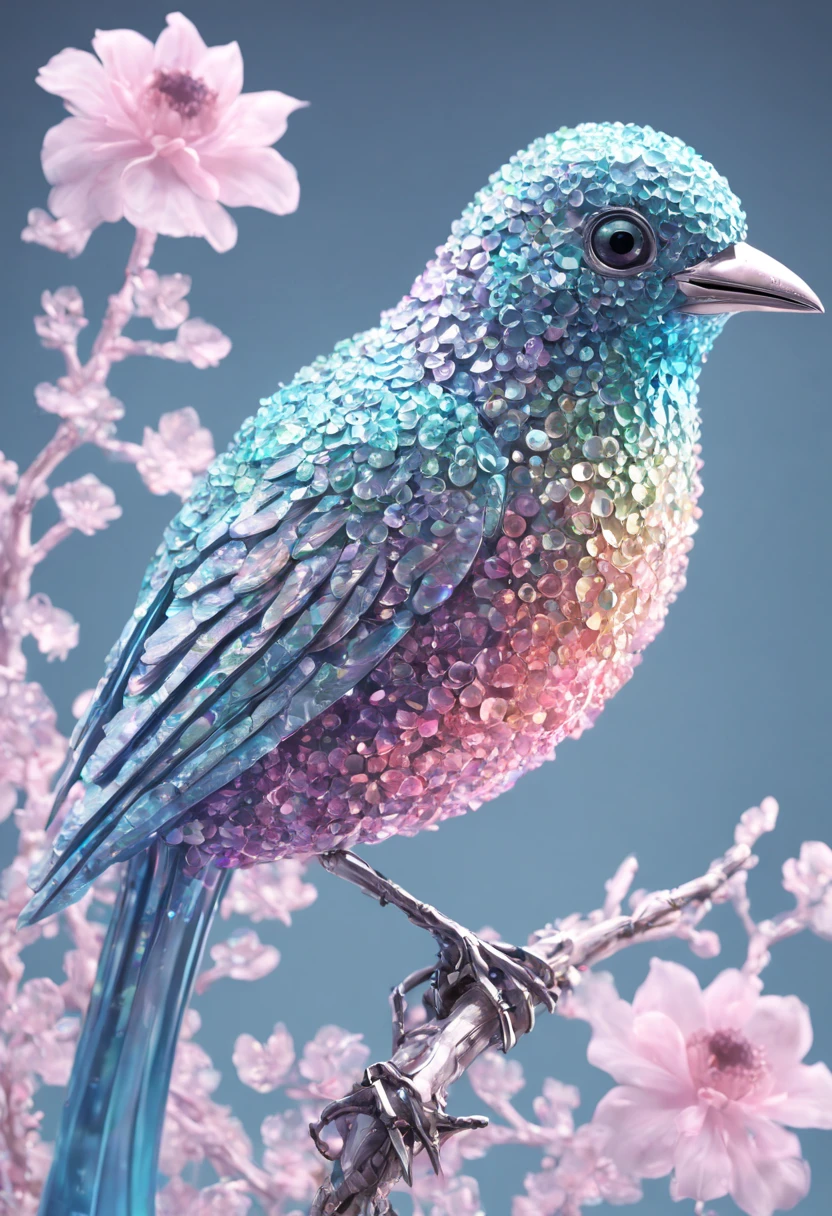 Delicate (pastel color crystal bird: 1.5) crystal glass, glitter, amongst flowers on branch, complex 3d render ultra detailed of a beautiful bird, beautiful studio soft light, rim light, vibrant details, cyberpunk, hyperrealistic, breathtaking fantasycore by Alberto Seveso, Erin Hanson, Jeremy Mann. maximalist highly detailed intricate professional photography, masterpiece, 8k resolution concept art, Artstation, cool colors, Unreal Engine 5, cgsociety, octane photo