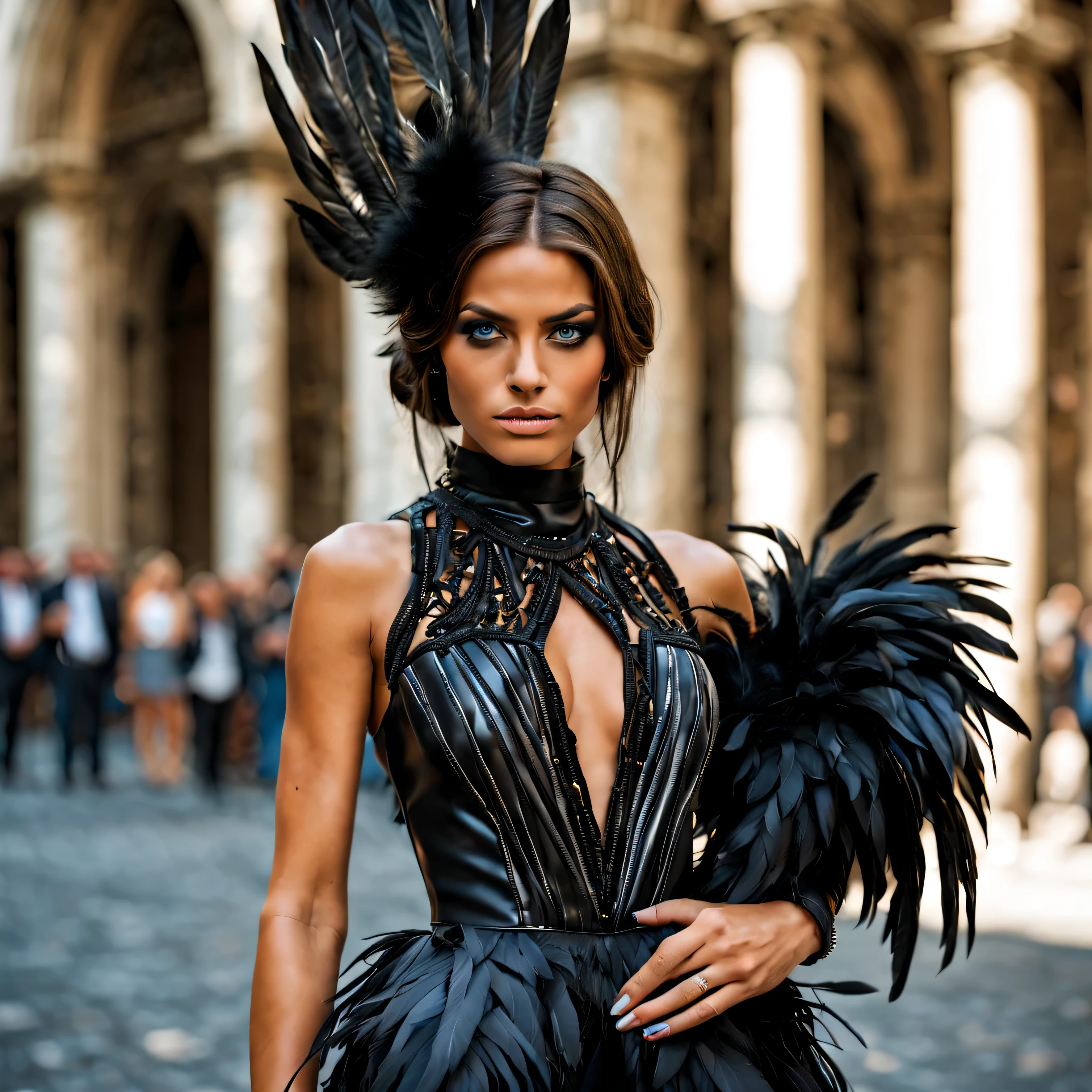 masterpiece, 1 extremely beautiful girl in an extreme outfit crow themed with feathers Haute Couture outfit on a catwalk at a very high class fashion event in Milan, the girl is 20 years old, detailed eye, brunette with blue undertones, curve cut hairstyle, top-quality, high resolution (Realisticity: 1.4) tall ( 5 ft 9), skinny, fit, tanned, beautiful hands, long legs, tanned, detailed blue eyes, cinematic lighting, european beauty, italian, super beauty, beautiful skin, (A hyper-realistic). (8K). (detailed). (beautifully detailed eyes), (ultra-detailliert), (wall-) (Natural smile), beautiful white teeth, very beautiful hair. A detailed face, bright lighting, professional lighting. (The costume is extreme outfit crow themed with feathers Haute Couture outfit on a catwalk ). Extremely realistic photo. (((photorealistic))). (((extreme outfit crow themed with feathers Haute Couture outfit on a catwalk )). detailed hands. each hand has 5 digits, the digits have to be as long as a digit should be. each digit needs to have a nail. (((fit girl))). (((extreme outfit crow themed with feathers Haute Couture outfit on a catwalk , event that takes place in Milan.))). Classy, High-class, rich. 35mm, F/2.8, insanely detailed and intricate, character, hypermaximalist, elegant, ornate, beautiful, revealing, appealing, attractive, amative, hyper-realistic, super detailed, popular on Flickr. 35mm. (((extreme outfit crow themed with feathers Haute Couture outfit on a catwalk))). Full Body shot
