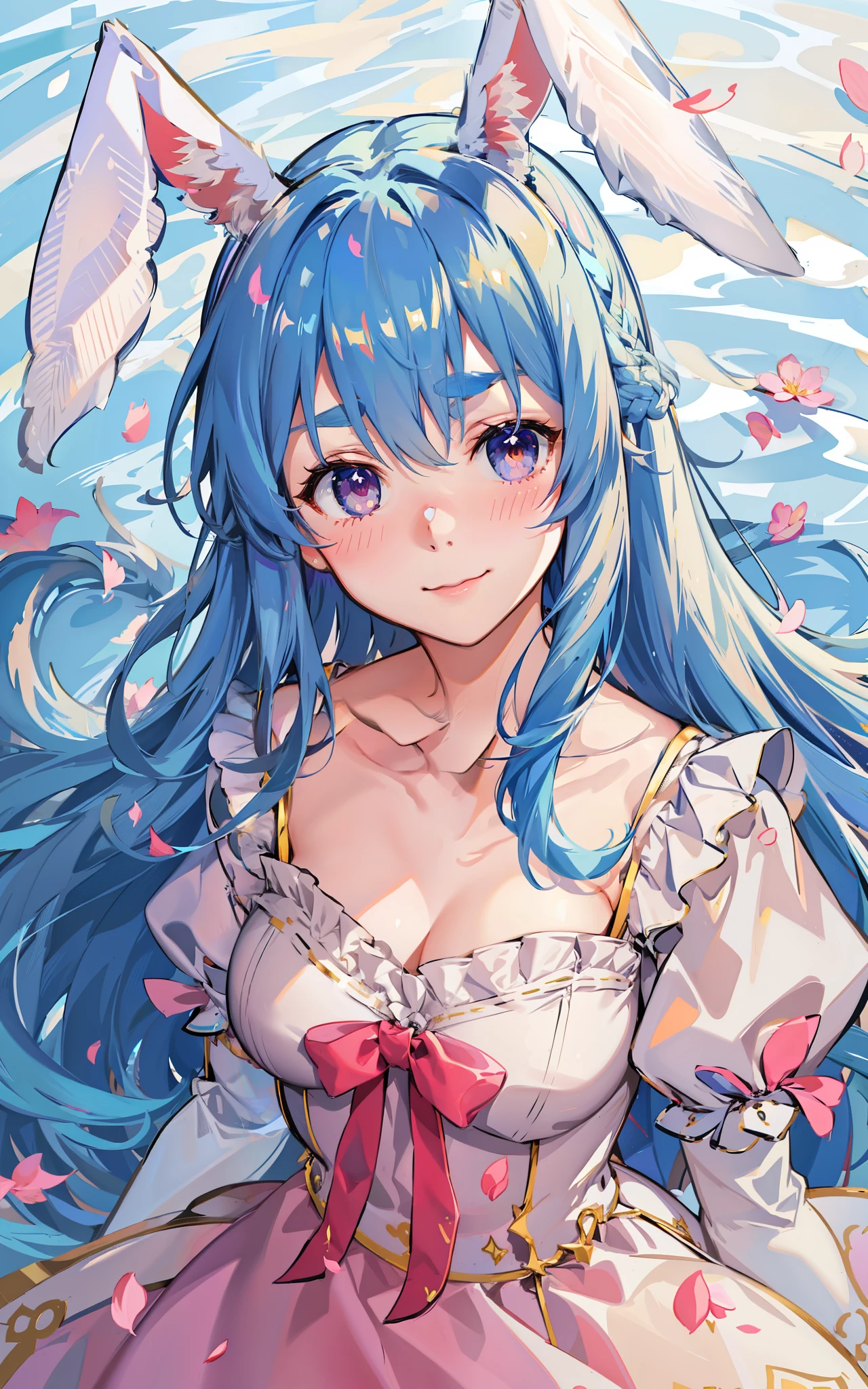 rating:safe, 1girl, animal_ears, blue_hair, solo, long_hair, bunny_ears, smile, closed_mouth, water, dress, eyebrows_visible_through_hair, petals, bangs, blush, cover, looking_at_viewer, brown_eyes, puffy_sleeves, upper_body, collarbone, ribbon