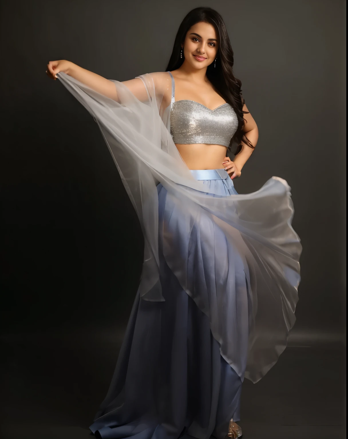 a woman in a blue skirt and a silver top posing for a picture, photo from a promo shoot, full body photoshoot, modeling shoot, solo photoshoot, modeling photography, studio shoot, dressed in long fluent skirt, promotional photoshoot, full body shoot, pr shoot, glamour pose, promo shoot, posing!!, stunning elegant pose, female camila mendes