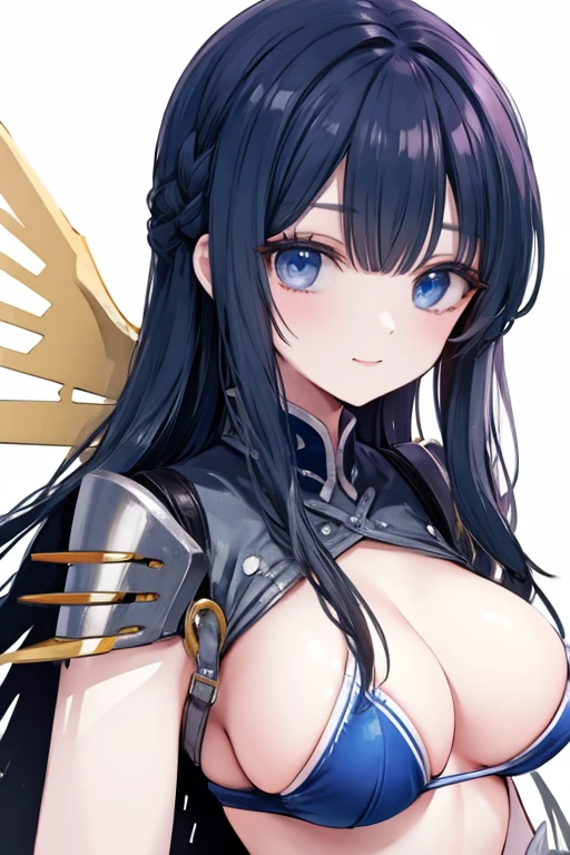 Black hair, blue eyes, large breast, sexy, beautiful body, bed, Masterpiece, angel, white wings, smile