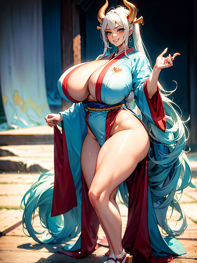 1 woman, yamato, in posing picture, standing, long hair, multicolored hair, aqua hair, white hair, two-tone hair, horns, multicolored horns, japanese clothes, kimono, white stockings, bare feets, (huge breasts:1.5), large breasts, goddess, big chest, beautiful anime woman, Photorealistic, perfect body, Realistic queen, Voluptuous body, big ass, muscolar ass, muscolar legs, ((smile)), (abdominals:1.4), 27-year-old, 7headed body, (cute face), (Ideal ratio body proportions), Wearing sweat, Smiling smile, long-hair, beauty legs, Skinny Legs, surrealism, Ultra Quality, Masterpiece, Ethereal,Ultra-Detailed,8K, breathtaking beauty, vivid colors reflects, full body picture