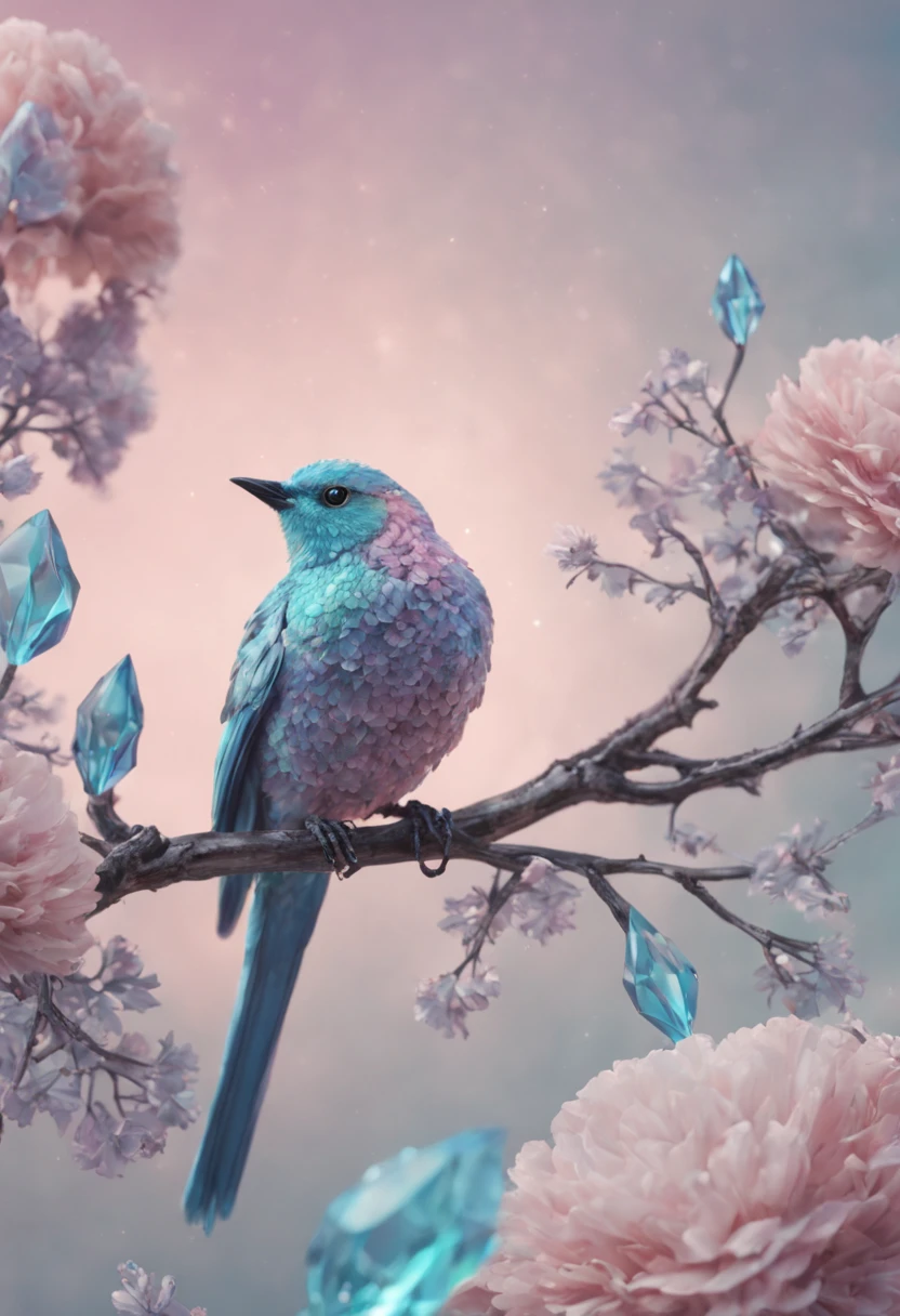 Delicate (pastel color crystal bird: 1.5) crystal glass, glitter, amongst flowers on branch, complex 3d render ultra detailed of a beautiful bird, beautiful studio soft light, rim light, vibrant details, cyberpunk, hyperrealistic, breathtaking fantasycore by Alberto Seveso, Erin Hanson, Jeremy Mann. maximalist highly detailed intricate professional photography, masterpiece, 8k resolution concept art, Artstation, cool colors, Unreal Engine 5, cgsociety, octane photo