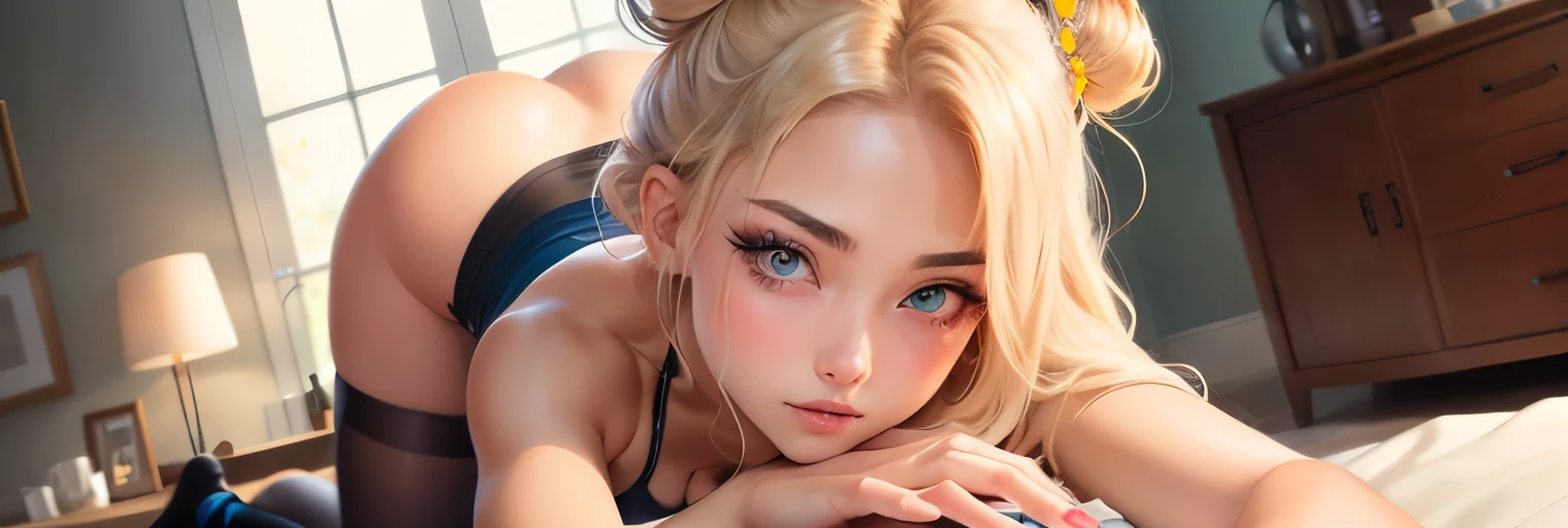 ( girl lying down and reaching out to the viewer:1.7), multicolored eyes,(high detailed face),beautiful detailed eyes, detailed lashes,((multicolored hair:1.7,((platinum)) blonde hair,)),((double chinesse hair bun )),((very beautiful breast/big tits)),  miniskirt , sexy  dress led, dynamic perspective, looking at the viewer,masterpiece, best quality,  Ultra-precise depiction, Ultra-detailed depiction, official art,ulzzang,highres, (extremely beautiful face),(expressive face),(high detailed face),beautiful detailed eyes, detailed lashes,(shiny skin), beautiful makeup,((very toned slim body)),(blushing face erotic),(((nice hands, perfect hands))),((very beautiful breast)),toned butt, toned legs, toned abs,toned thighhighs,looking at the viewer,nice hands, perfect hands, perfect 5 fingers, perfect anatomy, beauty bone, anatomically correct, perfect limb,