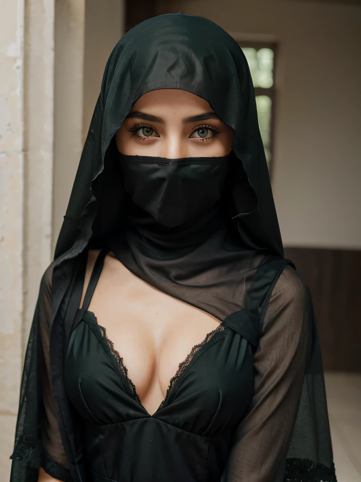 A young veiled girl with Niqaab green eyes rior. An open-neck blouse or dress with a V-shaped neckline