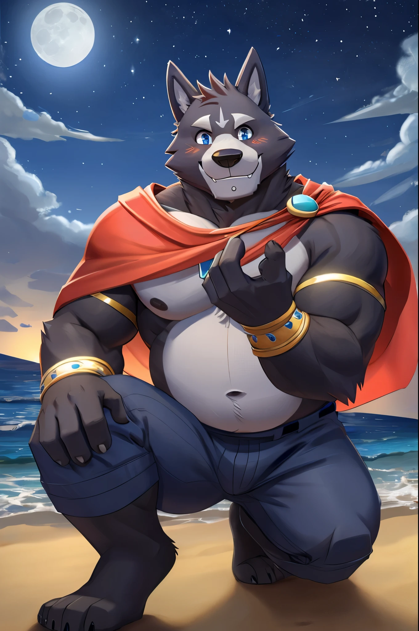 amicus \(adastra\), male, wolf, solo, cape, necklace, jewelry, bracers, musclegut, black fur, white fur, blue eyes, markings, clothed, safe, pants, blush, smile, looking at viewer, beach, seaside, moon, nighttime, front view, Kneel down on one knee, holding a ring, both hand reaching to viewer