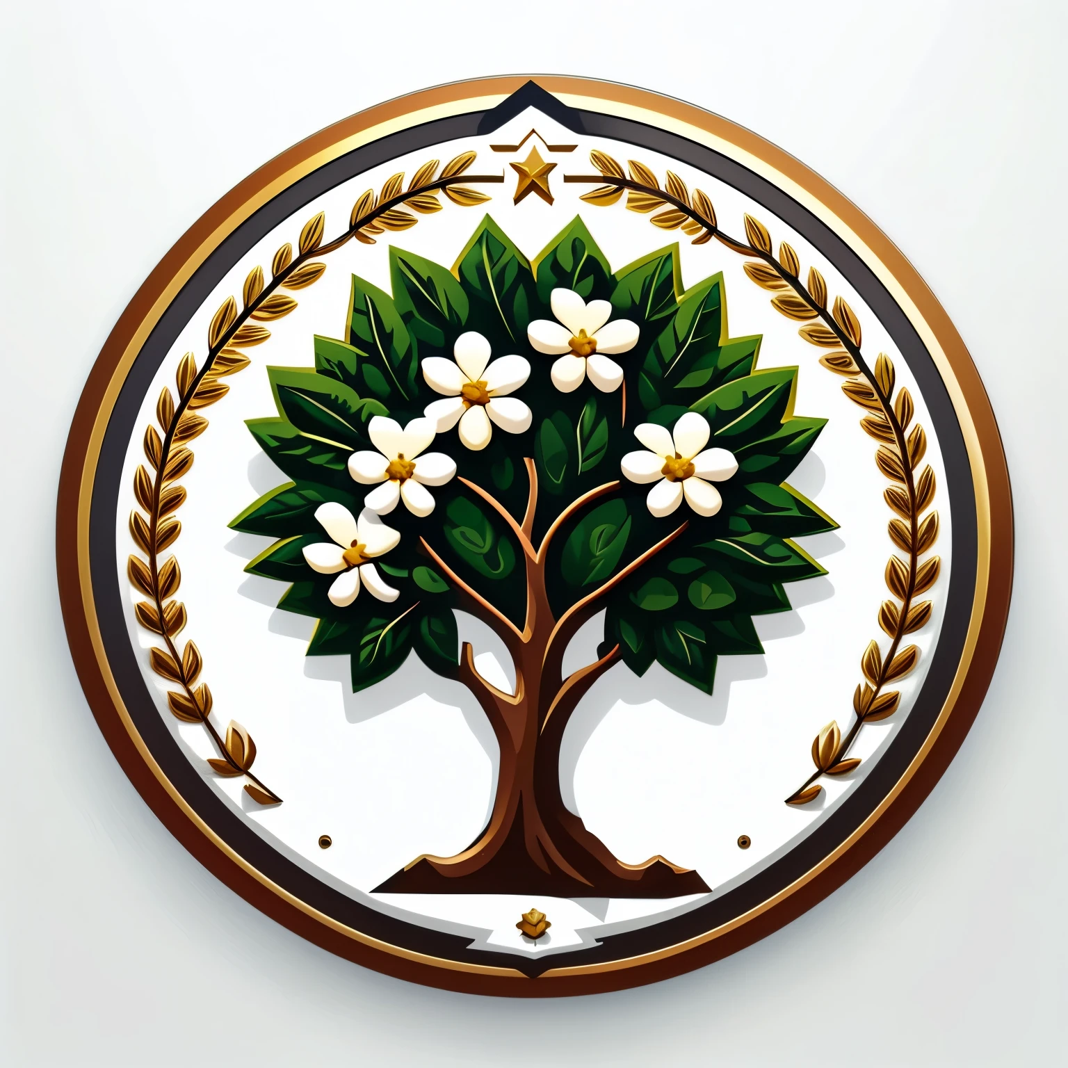 military insignia, badge rank, medal, medal, badge design, icon design, Front view, white background flower bud tree