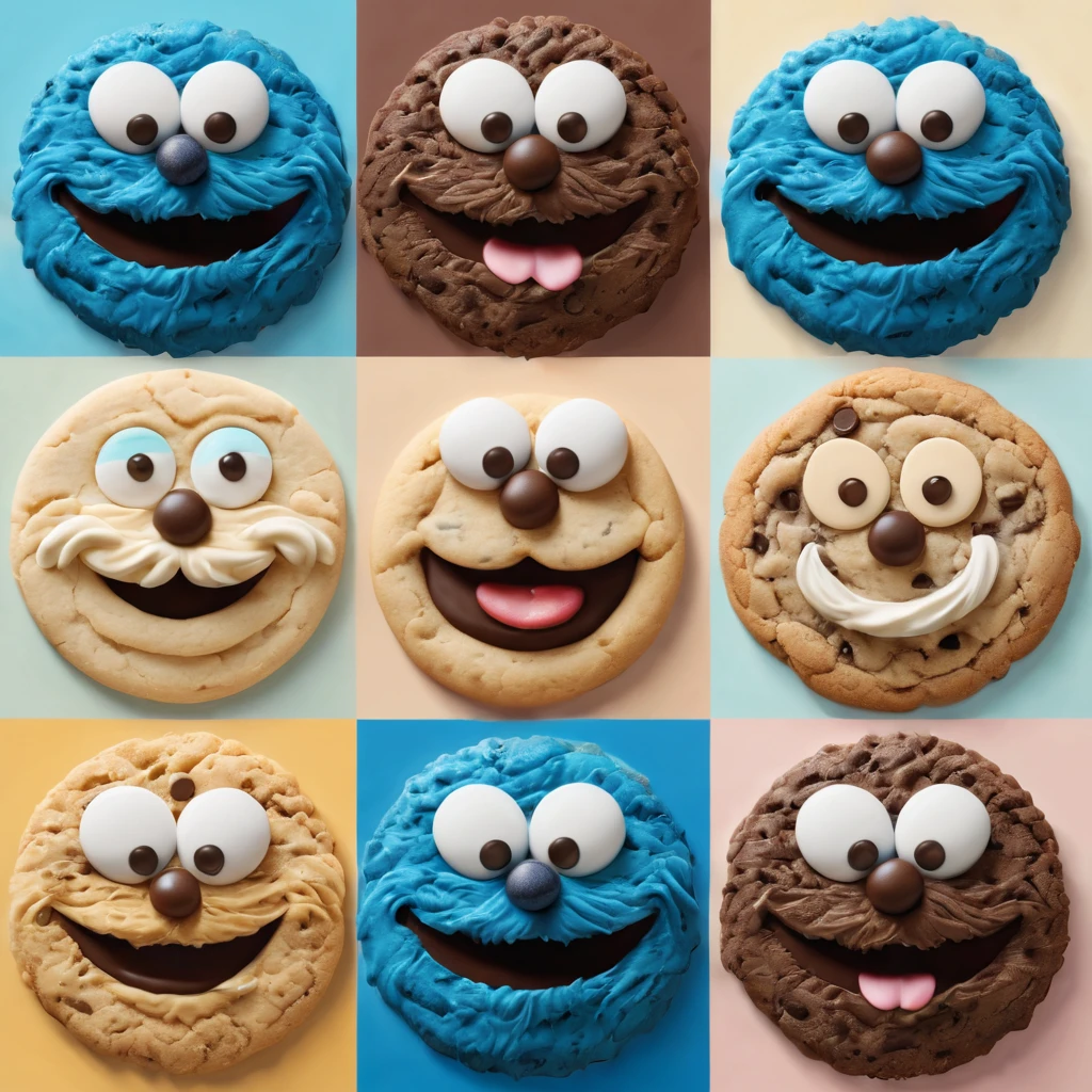 (extreme Soft Color Tones), (best quality, highres, ultra-detailed), (realistic:1.37)

Image divided into 8 parts, catalog of different types of "Cookie Monster", (Soft Color Tones), (concept artists), natural lighting