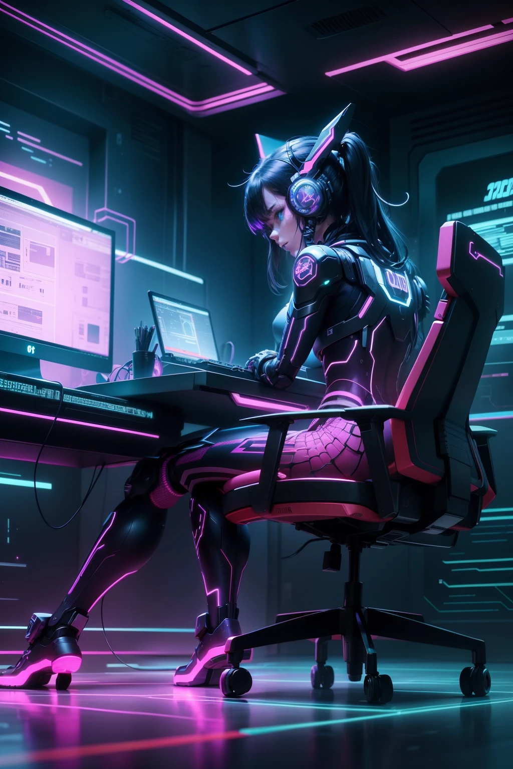 The room is filled with an eclectic mix of technology and vibrant colors. At the heart of it all sits a sleek, black mecha workstation, humming softly with the energy of pulsing circuits. In contrast, a cyber punk figure cloaked in neon hues leans over the control panel, fingers flying across the keyboard with precision. Lines of code dance across multiple monitors, casting an intricate, digital web over the space. Colored wires crisscross the floor, snaking their way to various devices, adding to the chaotic yet organized labyrinth. Neon lights from the multiple electronic devices bathe the room in a kaleidoscopic glow, creating a vivid atmosphere