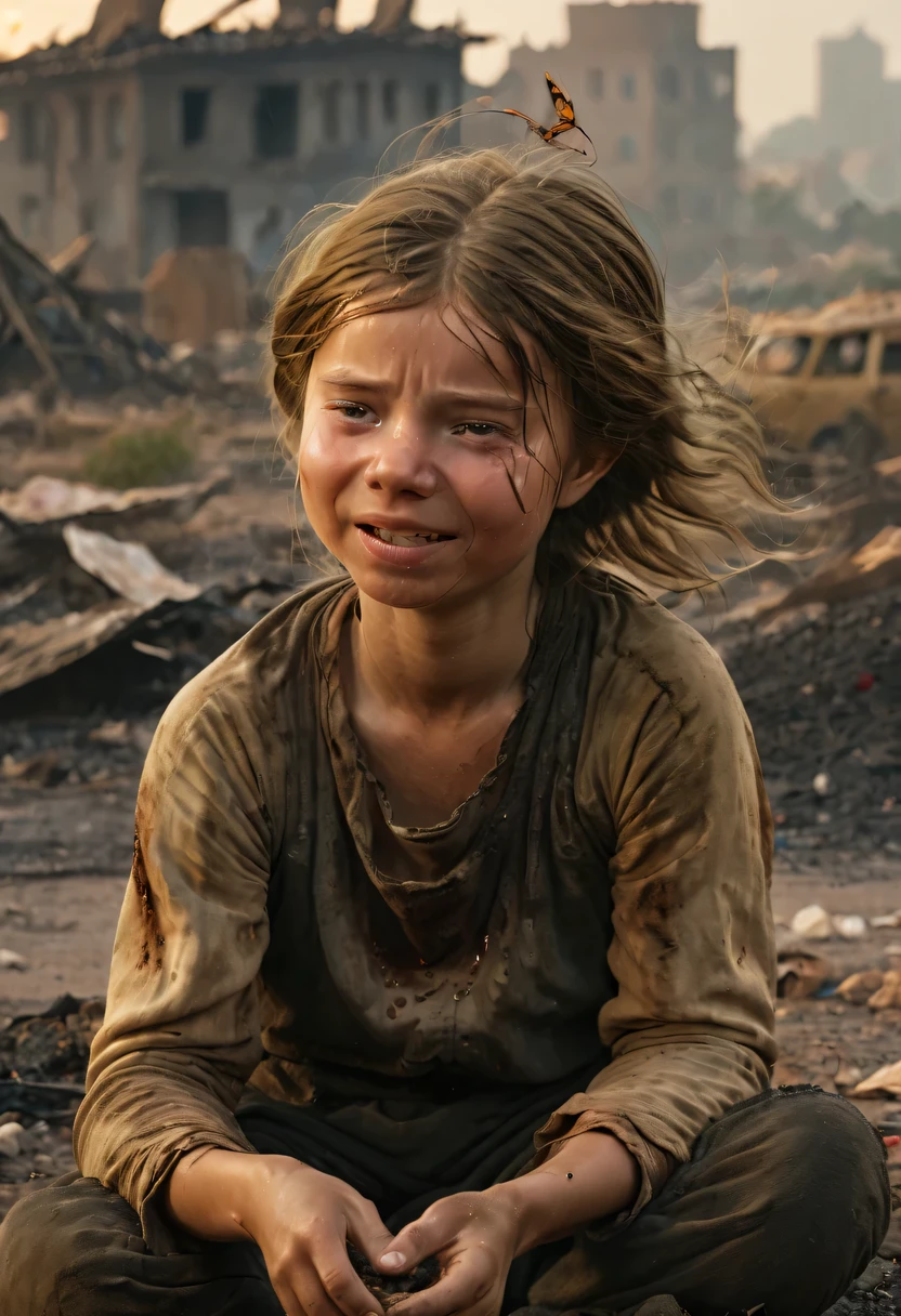 Greta Thunberg&#39;s hyper-realistic portrayal, 25 years old, Sit sadly, pain, ((dried teardrops)), messy hair, dusty face and cloth,(( A destroyed city in the background, fire, ((Human corpses on the ground)), some people are crying, Destroyed buildings)), A butterfly rests on her index finger, (((She looked at the butterfly，smile slightly))), Super detailed, dynamic color, Black and gray shades, Super emotional pictures, Set against a haunting dark background，Surrounded by swirling black smoke. The image should be charming 16:9 format."