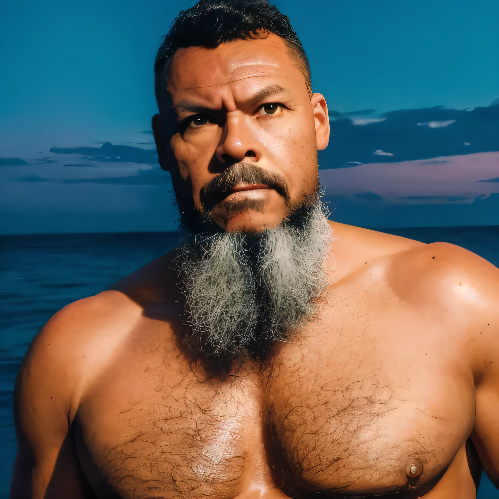 Estilo de fotografia profissional, retrato de meio corpo de um homem de meia idade com cabelos e barba grisalhos, peito e barriga peludos. Corpulento. He is at sea, with only half the body submerged in water. looking at the camera, noite de lua cheia, lua cheia, ambient lighting, water reflection. Extremamente realista., gutto2024lora