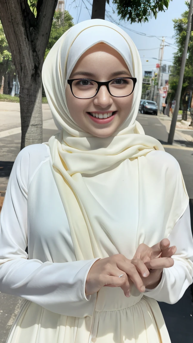 photography, young woman with smile face, long pastel white hijab with dress, wide-frame glasses, big breasts, by the beach while seductively looking at me, tilted her head, perfect fingers, perfect hands, perfect body, perfect beautiful face, white teeth, close up, flirting with viewer, haired hands, background digital art graffiti on black wall, ultra details any aspect of drawing, UHD 8K