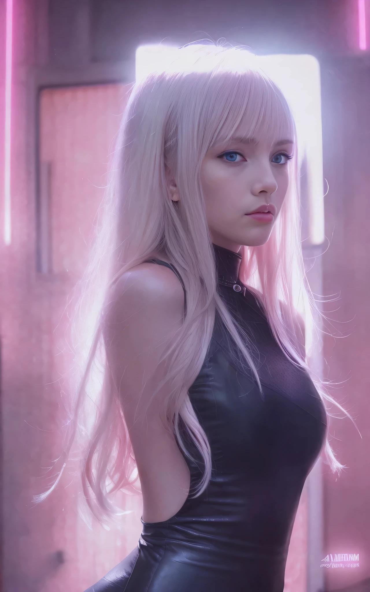 blonde girl with blue eyes, long blonde platinum hair, black leather clothes, night city background, pink neon lighting, intricate details, realistic, 4k, shallow depth of field, bokeh, photorealistic, maximum detail