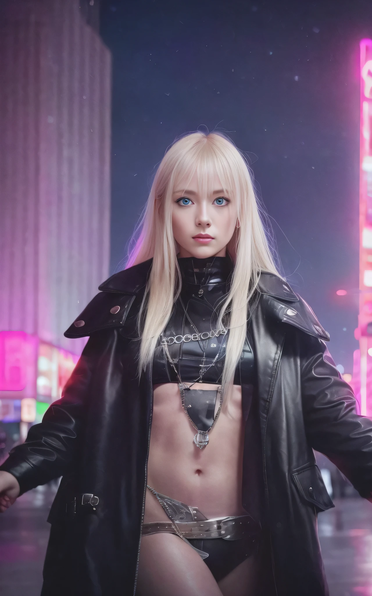 blonde girl with blue eyes, long blonde platinum hair, black leather clothes, night city background, pink neon lighting, intricate details, realistic, 4k, shallow depth of field, bokeh, photorealistic, maximum detail