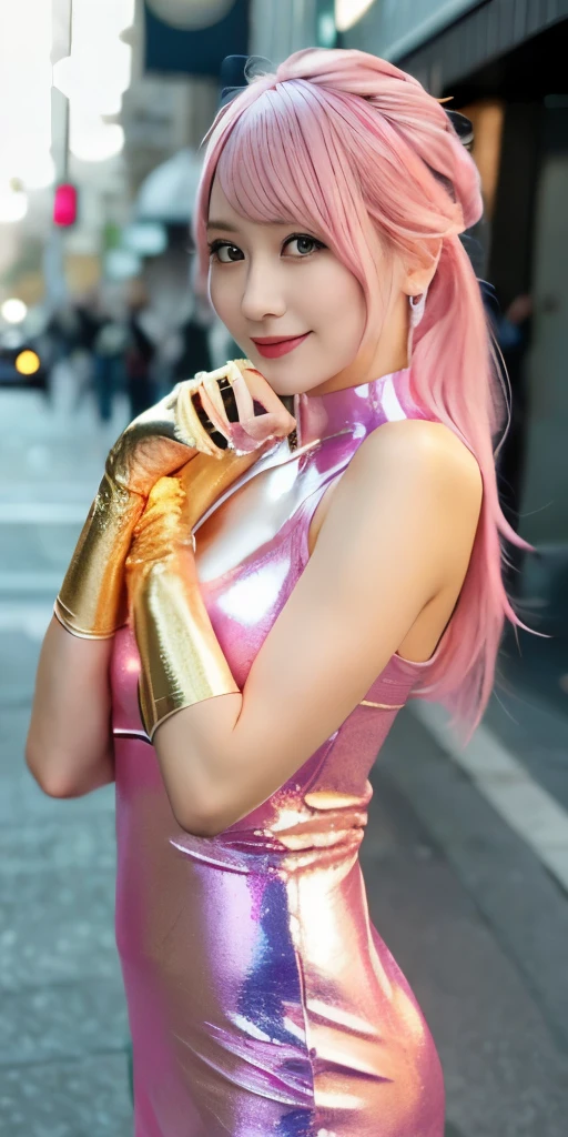 masterpiece, best quality, very beautiful girl, very beautiful dress, shiny pink gloves, chinese long dress, Beautiful eyes, Double eyelids, (Soft Saturation: 1.3), (Fair skin: 1.3), (Large eyes:1.4), Long straight hair, Sharp Focus, Beautiful face and eyes, drooping eyes, small nose, small mouth, happy smiling with visible teeth, 85mm lens, F/8.0,BREAK (shiny metallic pink chinese long dress), (tight-fit costume:1.2),(shiny metallic pink long opera gloves up to the elbow:1.4) Walking,(Costumes with strong reflective surfaces:1.2), (Best Quality:1.2),Raw photo, High resolution, Professional Photography, Professional Lighting, Powerful lighting of the costume,In the street,Break a very beautiful girl, Beautiful eyes, Double eyelids, (Soft Saturation: 1.3), (Fair skin: 1.3),(Pink hair: 1.1)