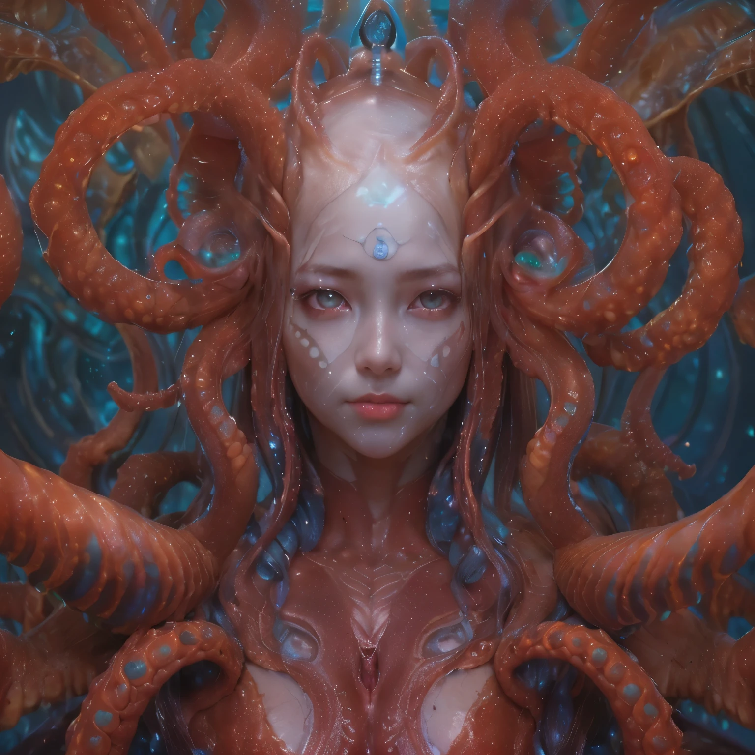 best quality, masterpiece, ultra high resolution, (photos realistic:1.7), scary and sexy detailed art in color, Portrait, (beautiful and obscene female alien:1.4), (vulgarity1.7), (she has red eyes with no pupils:1.8), (She has translucent pale skin:1.7), (There is a female genital-like organ in the middle of the forehead:1.95), (She has the most beautiful face in the history of the universe:1.2), (She has multiple bioluminescent organs on the side of her tentacles:1.4), (Her body is covered with an iridescent exoskeleton:1.3), an evil gaze that seduces, (large mouth:1.1), (sharp teeth like a vampire:1.2), Full body portrait, (bio luminescent:1.5), (Smile wickedly:1.3), (sexypose:1.5), alien, No humans, cells are fused, (There are lots of translucent tentacles from her head:1.3) extraterrestrial, cell, bio image, best quality, 8K,In 4K_quality, High freshness, Dramatic Lighting, cinematic quality, detail up, (exquisite details:1.2), High freshness, drawing faithfully, (Thick eyebrows:1.2), Beautiful eyes with fine symmetry,(Highly detailed face and eyes:1.2),(Super detailed skin quality feeling:1.4), perfect anatomy, (Beautiful toned body:1.5), (Moist skin:1.2), not wearing makeup, (dark circles:1.1), long canines, cinematic drawing of characters, cinematic quality, detail up, (exquisite details:1.2), high resolution, High freshness, drawing faithfully, official art, Unity 8K Wall paper, ultra detailed artistic photography, midnight aura, unreal engine 5, Ultra Sharp Focus, art by Amano Yoshitaka, ArtGerm, Roisch, intricate artwork,ultra realistic realism, dream-like, nautilus, Creation of fantasy, dream Snail, (biopunk nautilus:1.3),Thrilling color schemes, seductively smiling, Blue tentacles, Amazing mutation, well-proportioned body, goddess of the deep sea, fractal, Geometric pattern, impossible figures,(asymmetry:1.4), (white tentacles with blue stripes:1.4), subtle emerald green accents, (expression of ecstasy:1.6), She is doing a sexy pose like a nude model