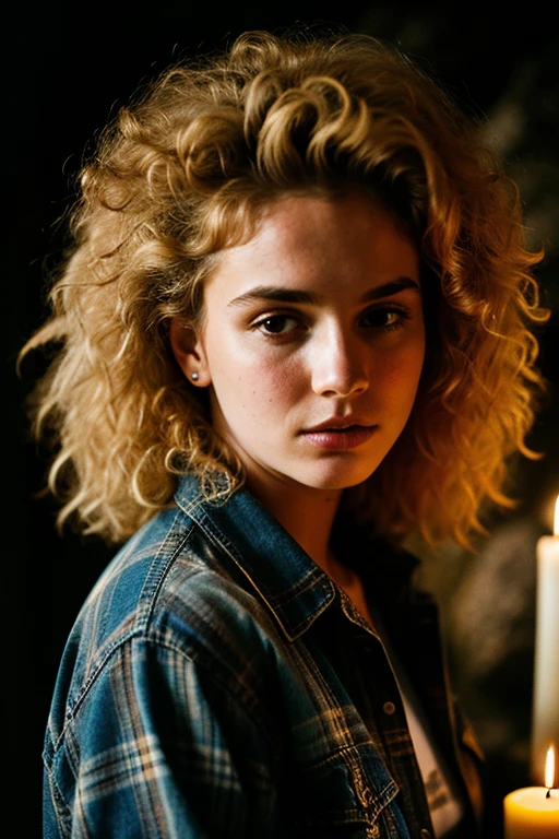 photograph of a woman, (troubled facial expression), textured skin, goosebumps, blonde afro hair, plaid flannel shirt with distressed boyfriend jeans, cowboy shot, dark and mysterious cave with unique rock formations and hidden wonders, perfect eyes, (candlelight,chiaroscuro), Porta 160 color, shot on ARRI ALEXA 65, bokeh, sharp focus on subject, shot by Don McCulli naked