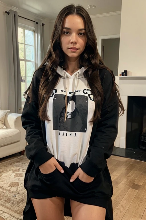 brunette white girl with long middle part wavy hair wearing a long black hoodie and no pants in her house