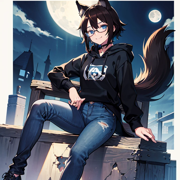 1 person picture, portait, masterpiece, (best quality) , very detailed, ultra detailed ,(alone), anime woman with black Wolf ears and tail ( smiling, brown hair, clear forehead, blue eyes, black glasses, black hoodie, jeans), night, moon