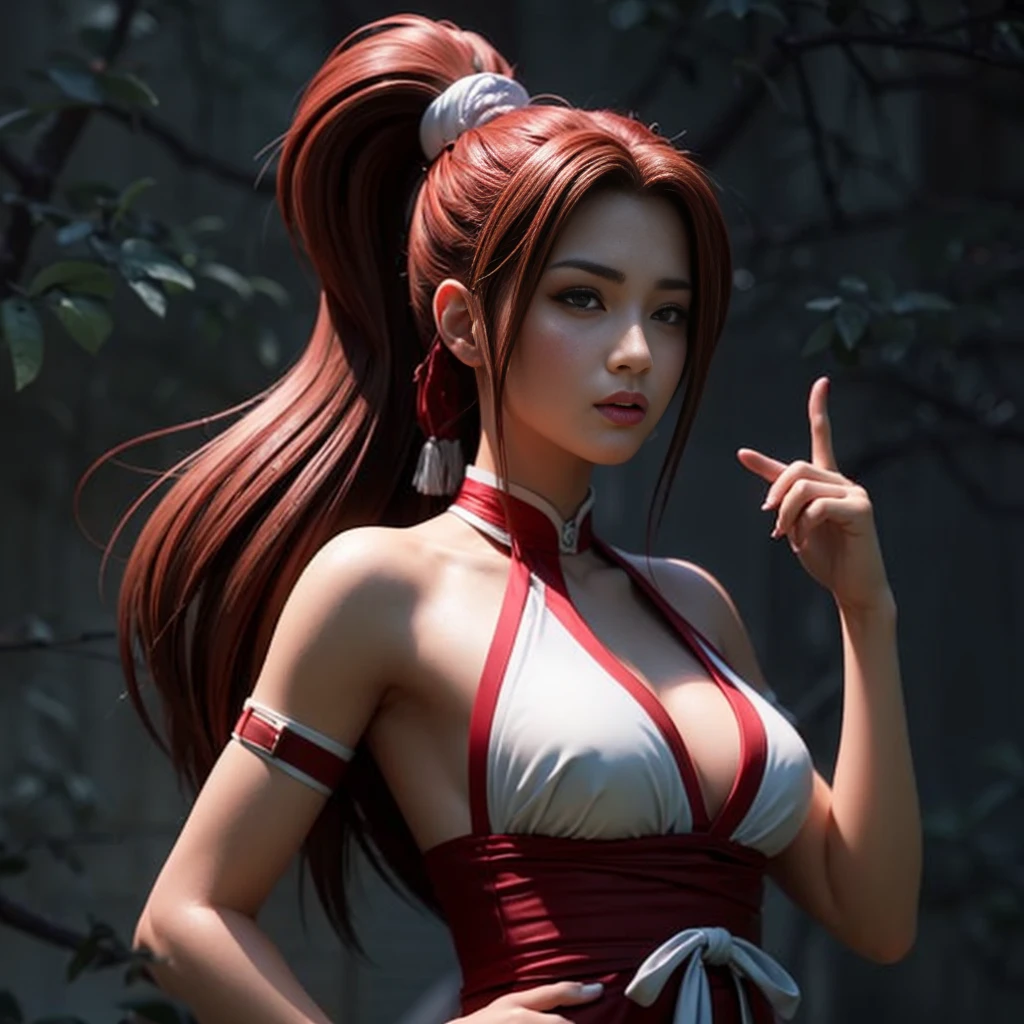 Mai Shiranui, rosto bonito e calmo. Olhos cor de marfim, nariz pequeno, sobrancelhas perfeitamente arqueadas, and minora. She's got her hair tied up in a braid, e uma pulseira choker prendendo os fios. um brilho especial, como se fosse radiante. Eyelashes are long and beautiful, Long eyelashes, and the eye has a slightly Asian shape. The face is immaculate and wrinkle-free, e parece ser pequeno e atraente. His nose is small and straight, em uma forma perfeita. Your mouth is small, with lips that are a little thick. Her long brown hair is tied up in a braid, com alguns fios soltos em volta da testa. Your face is lit up by the sun, that's downloading, And you've got a seductive twinkle in your eye. Ela tem uma pele clara, mas um brilho muito bonito, And it's shining with the sun. A pele parece ser bem cuidada, e parece macia, como se estivesse sedosa. tem um rosto oval, com as bochechas redondas e ligeiramente vermelhas. Your chin is straight and attractive, And you've got a slight flush on your cheeks. Seu rosto tem um ajuste perfeito, And you've got two nice, well-rounded jaws. Seus olhos se destacam, serious expression