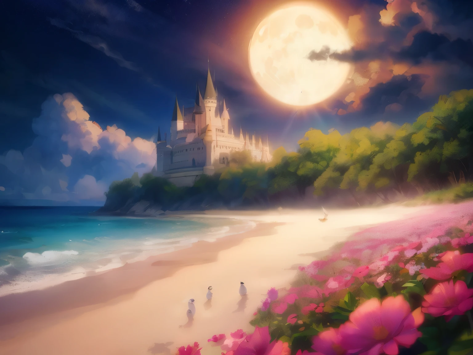 Castle, flowers, Delicate scene, sky, White clouds, And the sunshine shines on the white sand beach. birds, pink flowers and bright big shells, Diamond crystal, on the beach, Fantasy, night sky, moon, smoke, fire, Photo, HD, 8K, UHD, Super Detail, High quality, 1080P