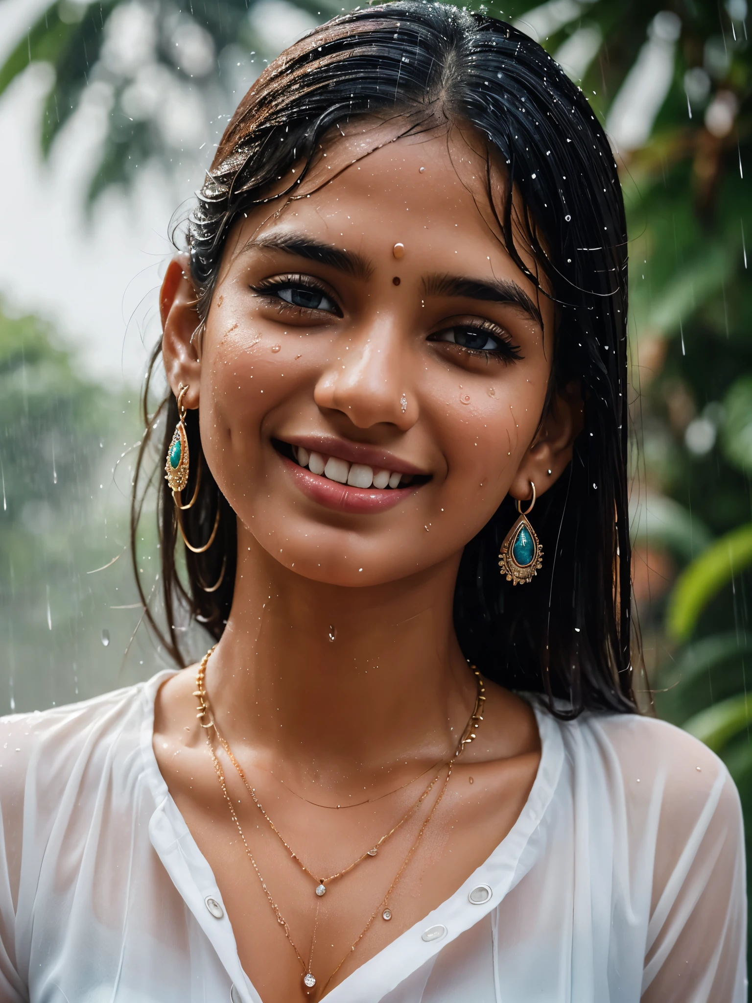 20 years old extremely beautiful brown Tamil girl (white shirt blue jeans), (bangles earrings necklace wrist watch), enjoying in the rain, drenched in rain, facing viewers facing camera, eyes symmetry, (best quality, ultra-detailed:1.6), colorful scene, bright color palette, playful atmosphere, vibrant colors, cute expressions, joyful laughter, raindrop reflections, wet hair, wet clothes, wet body, body reflecting light, back lit, refreshing ambiance, happy face, splashing water, raindrops falling around her, natural lighting, candid moments captured, lively mood, (intricate detailing:1.6 faces & eyes & ears & nose & lips & skin & 5 fingers & curves & body parts)