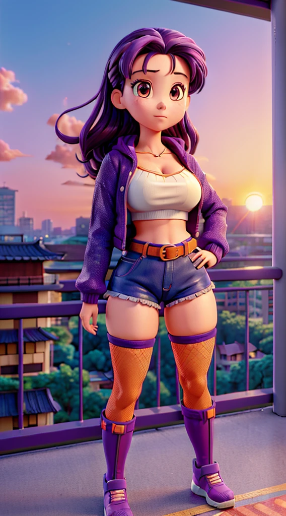 1990s anime, (masterpiece), high-definition, vibrant colors, korean girl, big boobs, big hips, messy dark purple hair, orange eyes, crop top sweater, jacket, shorts, belt, thong, thigh high stockings, boots, fishnet, balcony, leaning on the railing, sunset