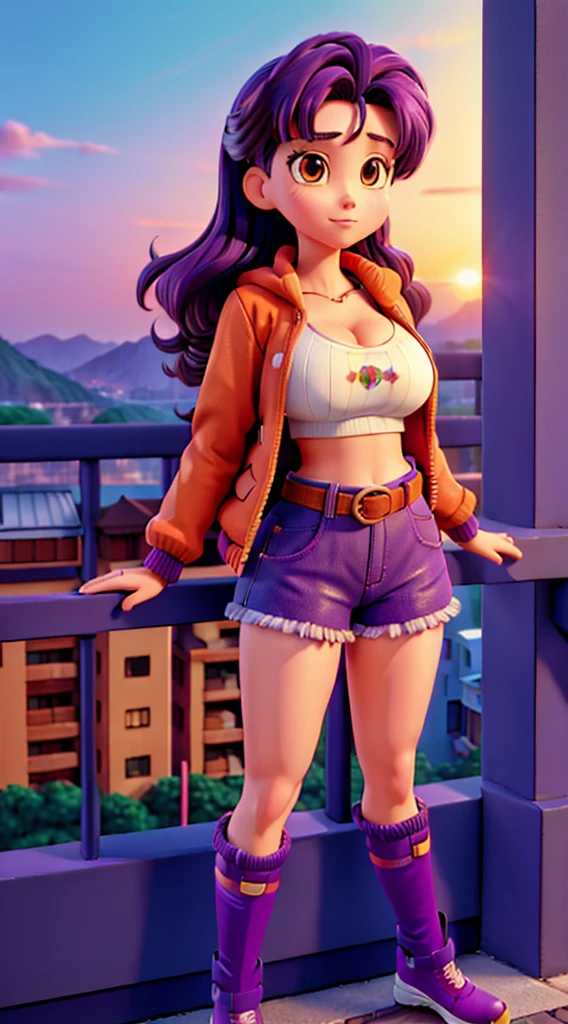 1990s anime, (masterpiece), high-definition, vibrant colors, korean girl, big boobs, big hips, messy dark purple hair, orange eyes, crop top sweater, jacket, shorts, belt, thong, thigh high stockings, boots, fishnet, balcony, leaning on the railing, sunset